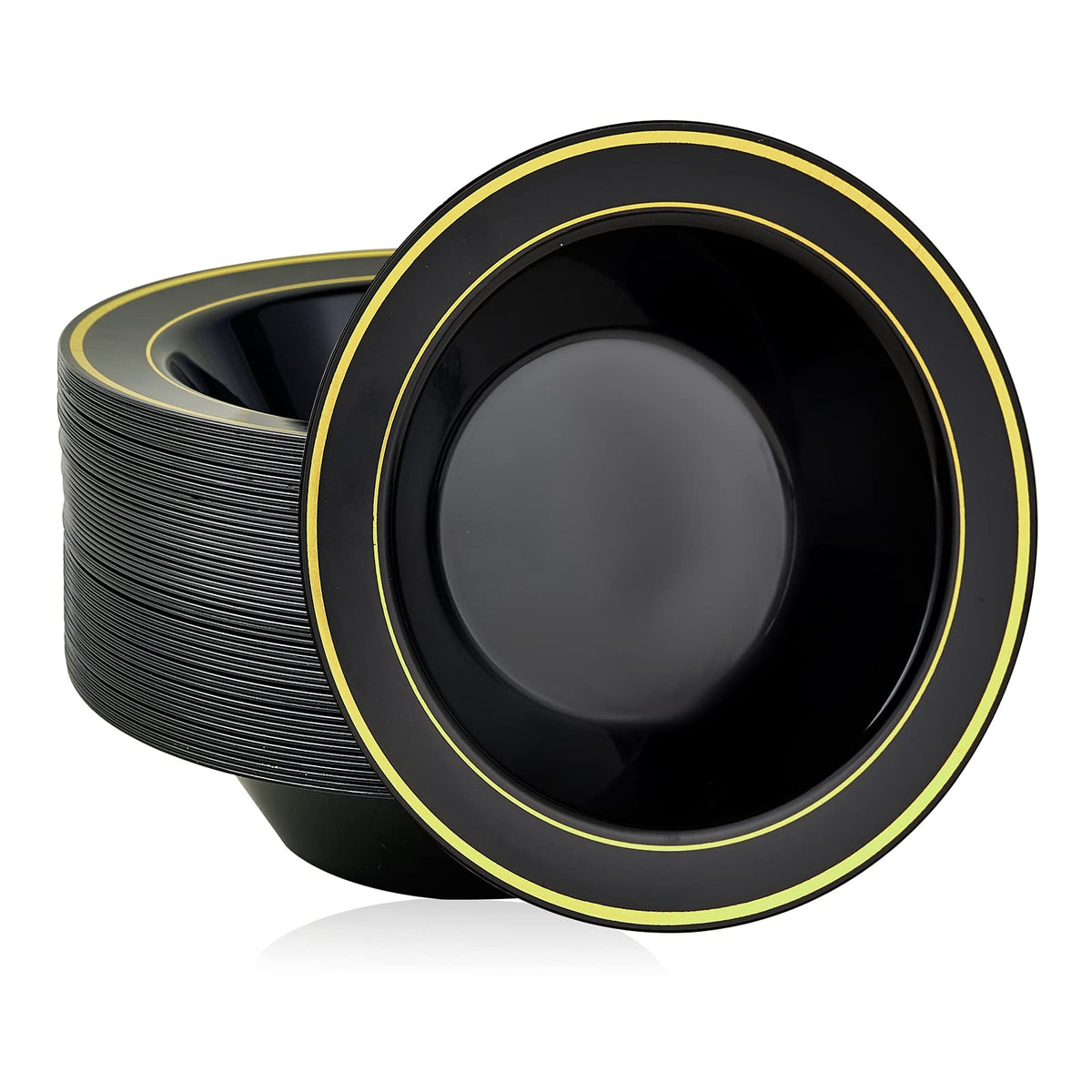 Jolly Party 50Pcs Black Plastic Bowls With Gold Rim-12Oz Disposable Soup Bowls, Christmas Thanksgiving Premium Dessert Salad Bow