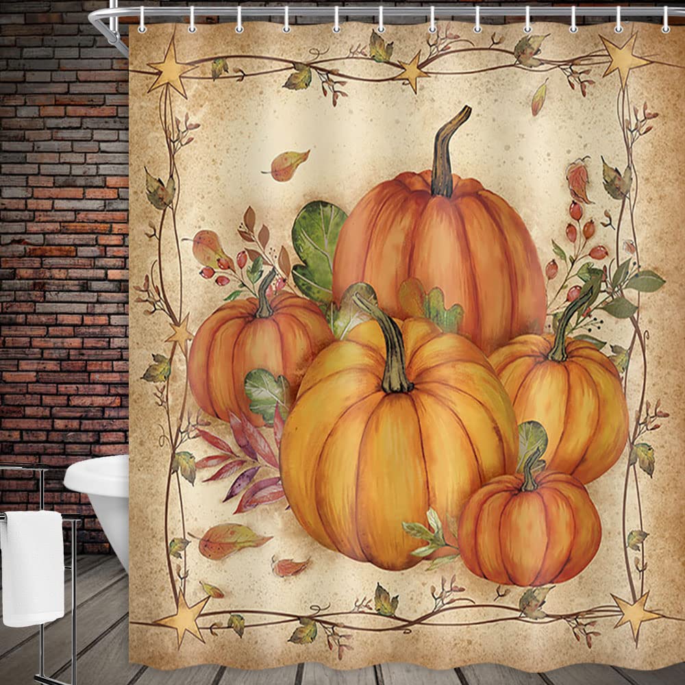 Boziqr Fall Shower Curtains For Bathroom, Autumn Pumpkin Harvest Farmhouse Thanksgiving Halloween Fabric Shower Curtain With Hoo