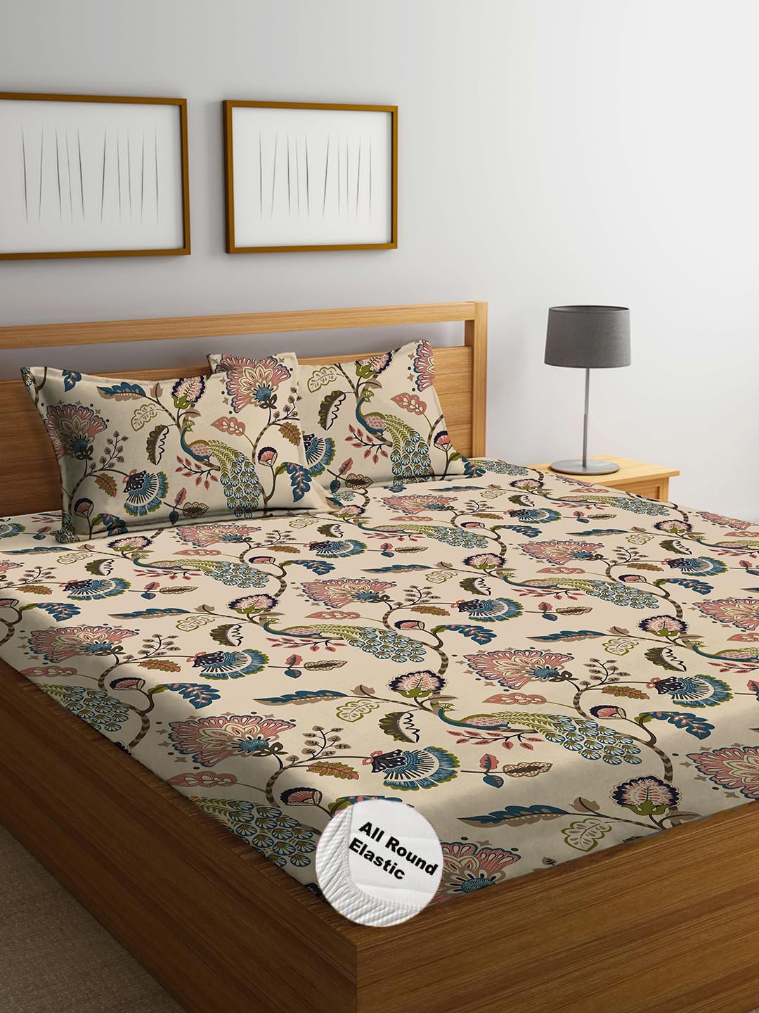 The Home Style Cotton Elastic Fitted All Around Printed Queen Size Double Bed Bedsheet Wih 2 Pillow Cover (60X78, Beige Flora) 4