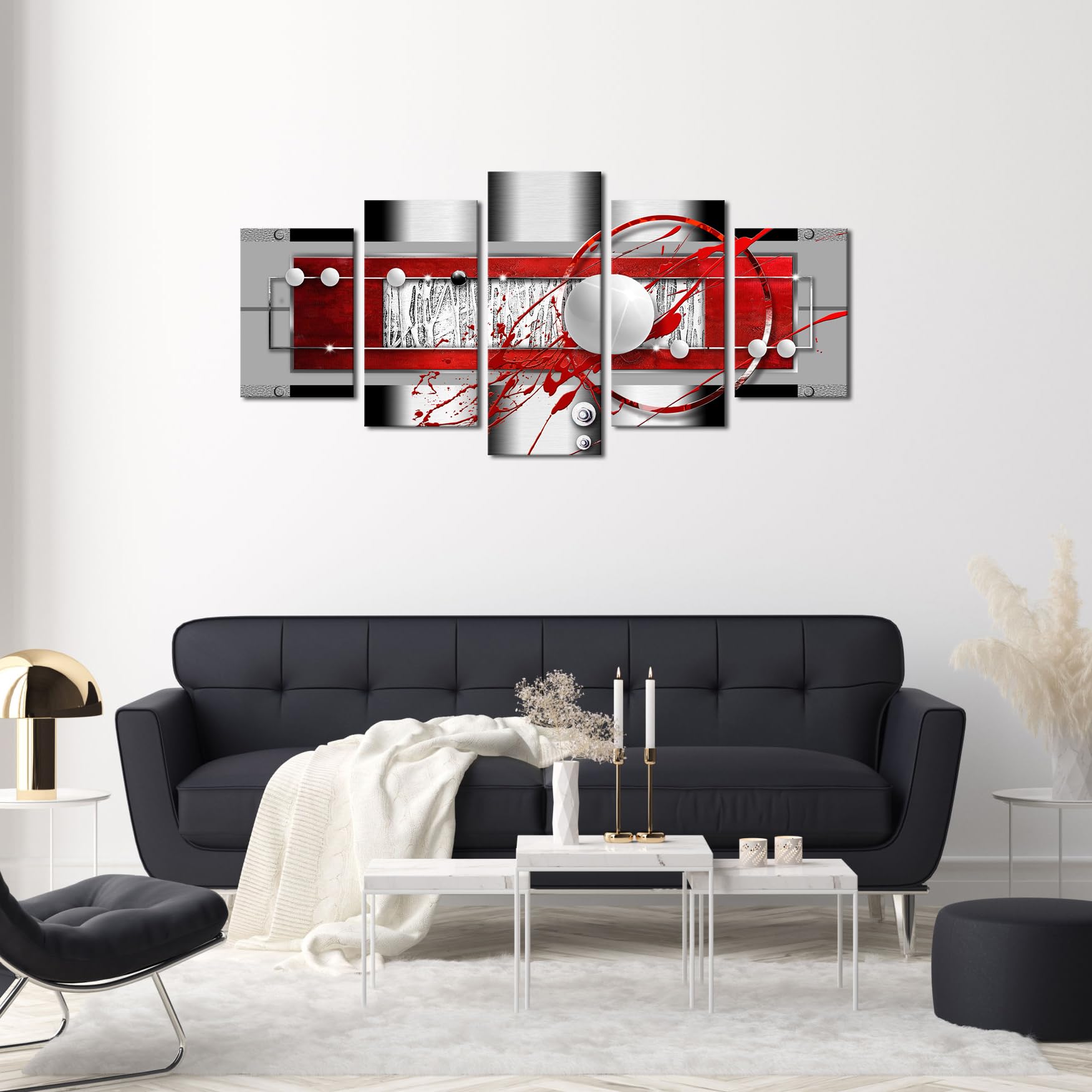 Awlxphy Decor Abstract Canvas Wall Art Red Black Grey For Living Room Decor 5 Pieces Framed Painting Modern Simple Circle Round