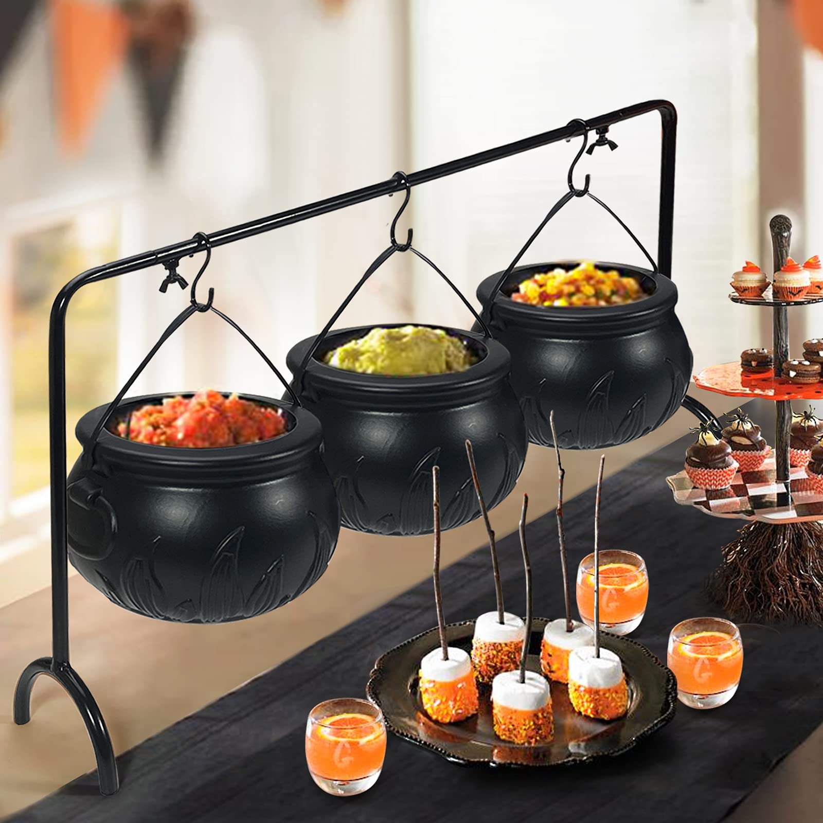 Oriental Cherry Halloween Decor - Halloween Party Decorations - Set Of 3 Witches Cauldron Serving Bowls On Rack - Black Plastic