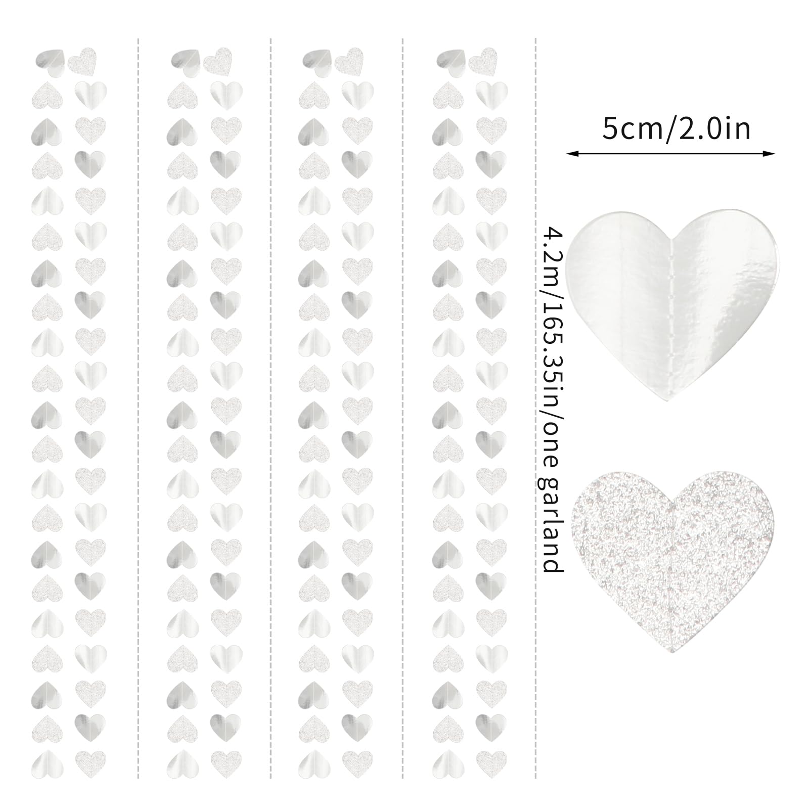 White -Silver Disco Party-Decoration Heart Garland - 52Ft Birthday New Years Eve Hanging Backdrop Streamers,Graduation Engagemen