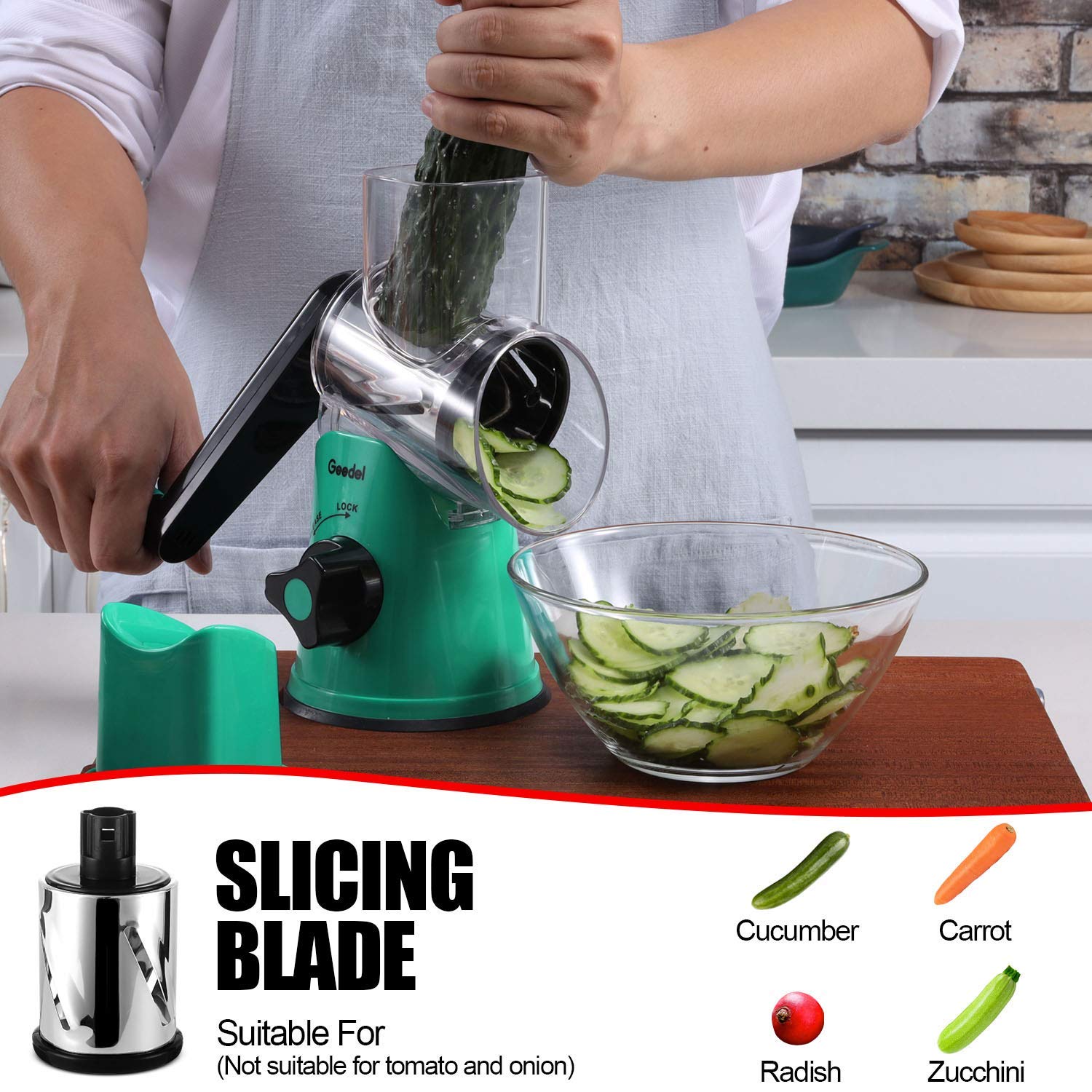 Geedel Rotary Cheese Grater With 3 Interchangeable Blades, Kitchen Mandoline Vegetable Slicer For Fruit, Nuts , Easy To Clean