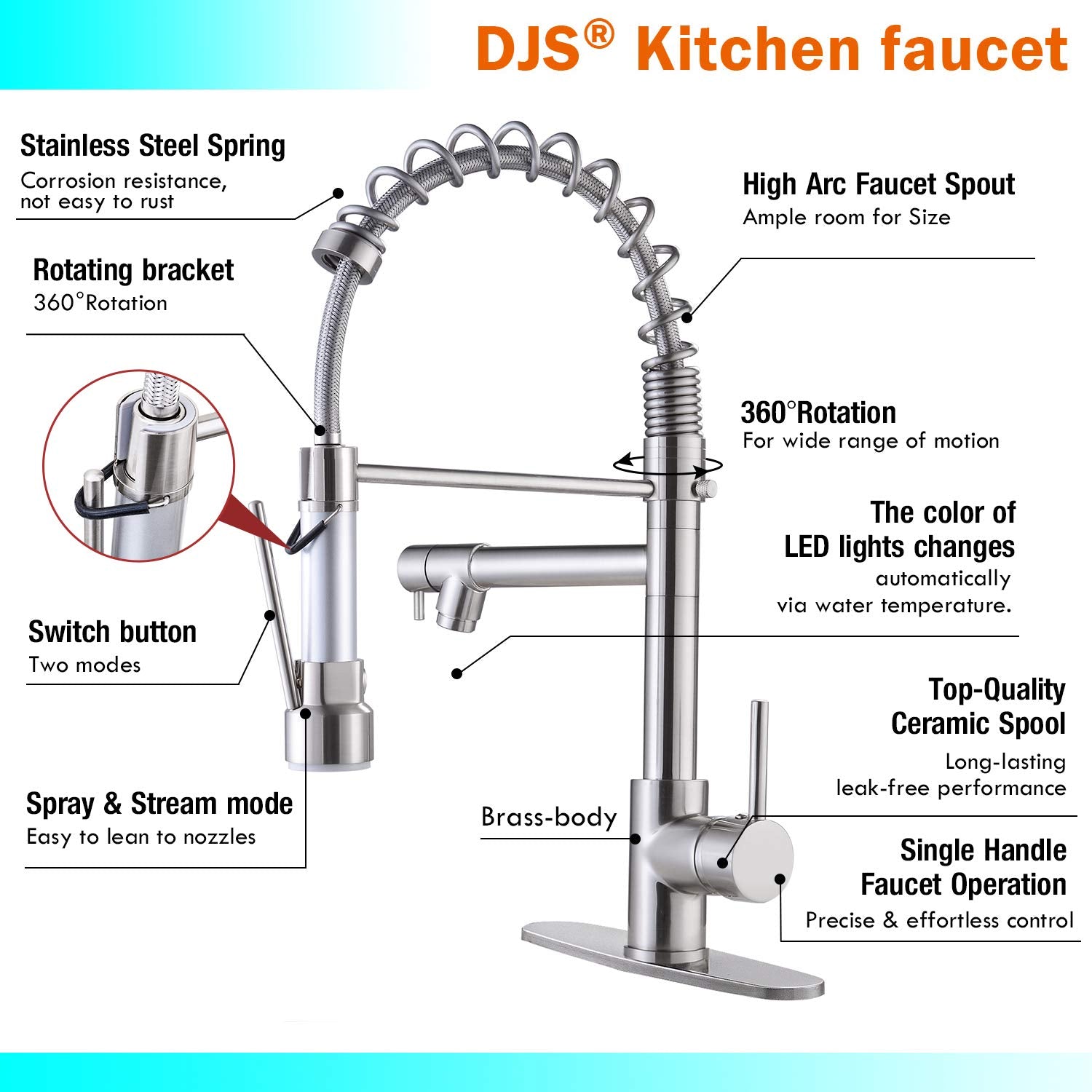 Djs Kitchen Faucet With Pull Down Sprayer, Faucet For Kitchen Sink, High Arch Stainless Steel Single Handle Spring Kitchen Fauce