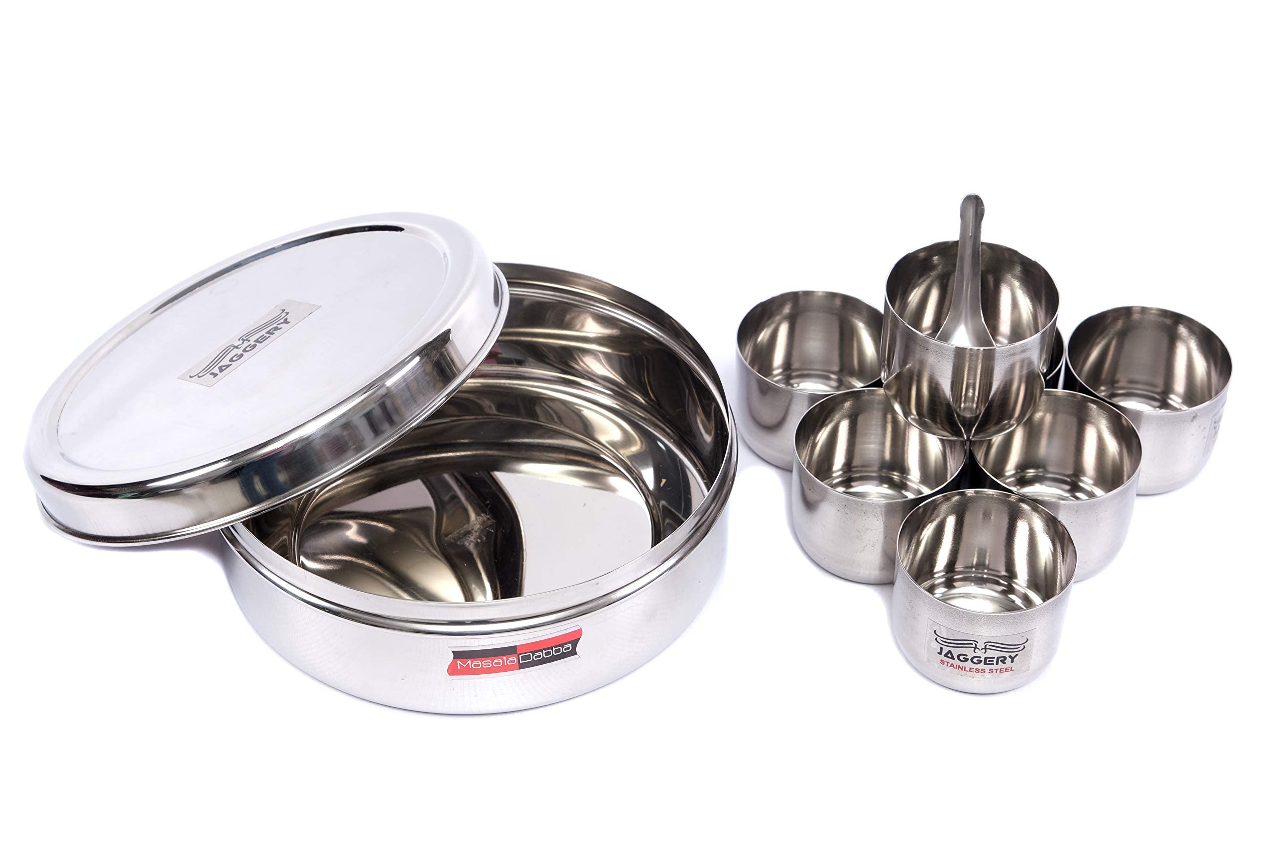 Jaggery Stainless Steel Masala (Spice) Box/Dabba/Organizer With 7 Containers And Small Spoon (Dia 7.1 Inch_18 Cm, Height  2.8 