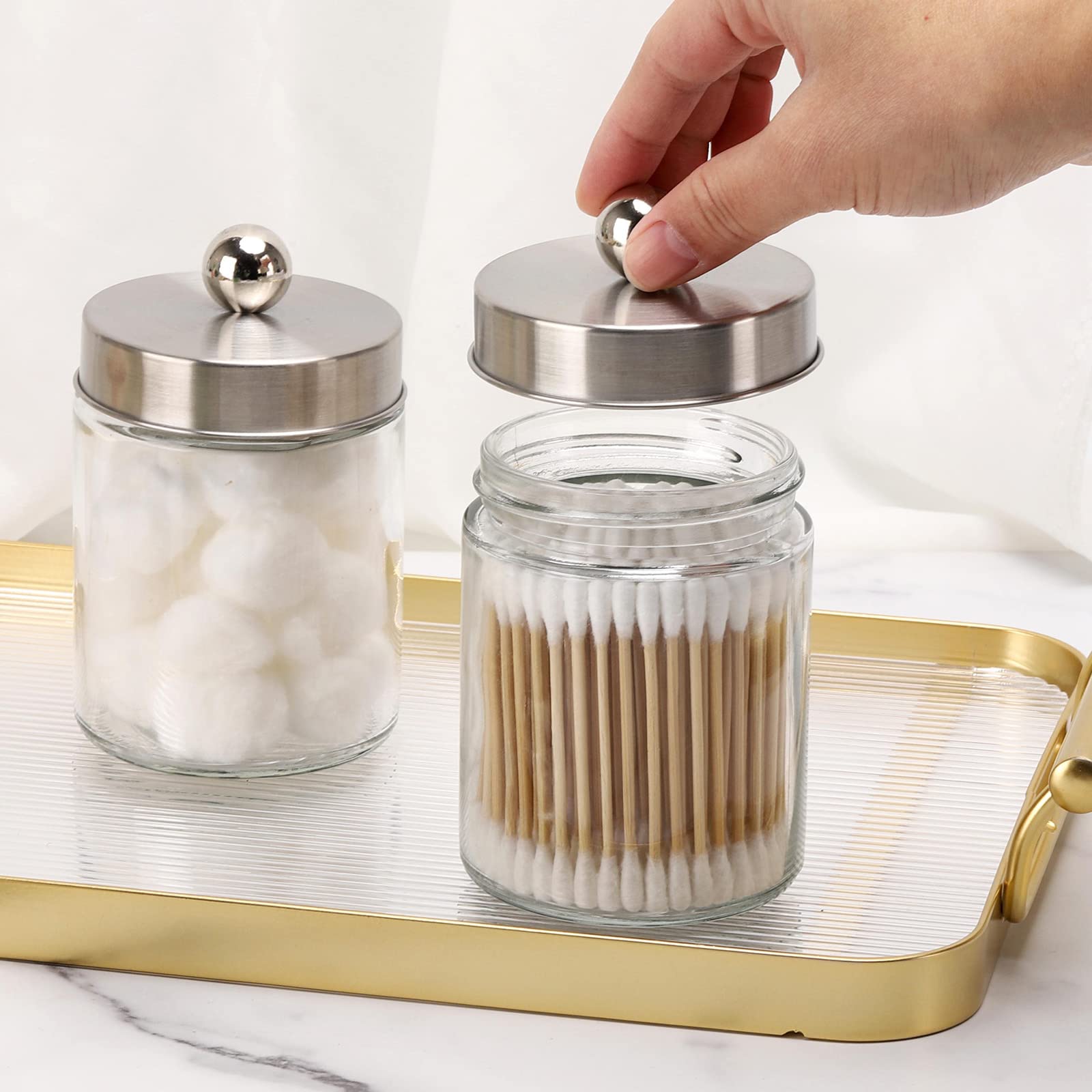 Tbestmax Glass Qtip Holder Dispenser  10-Ounce Bathroom Containers Apothecary Jars with Metal Lids for Cotton Ball Swab Pad (4 Pack)