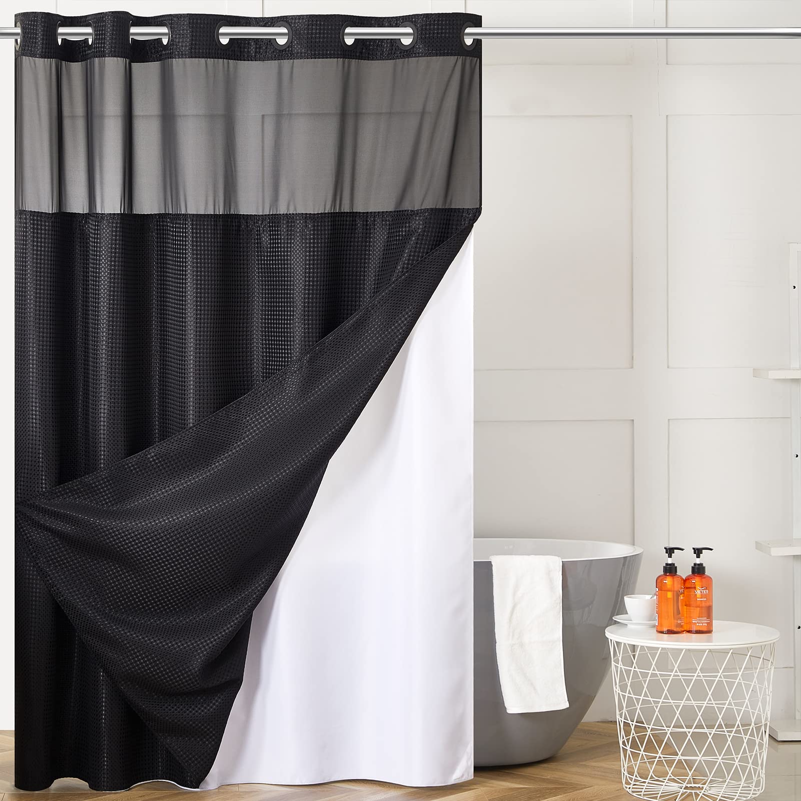 No Hook Waffle Weave Shower Curtain With Snap In Liner Set,Heavy Duty Fabric Textured Bathroom Curtain With Sheer Window,Waterpr
