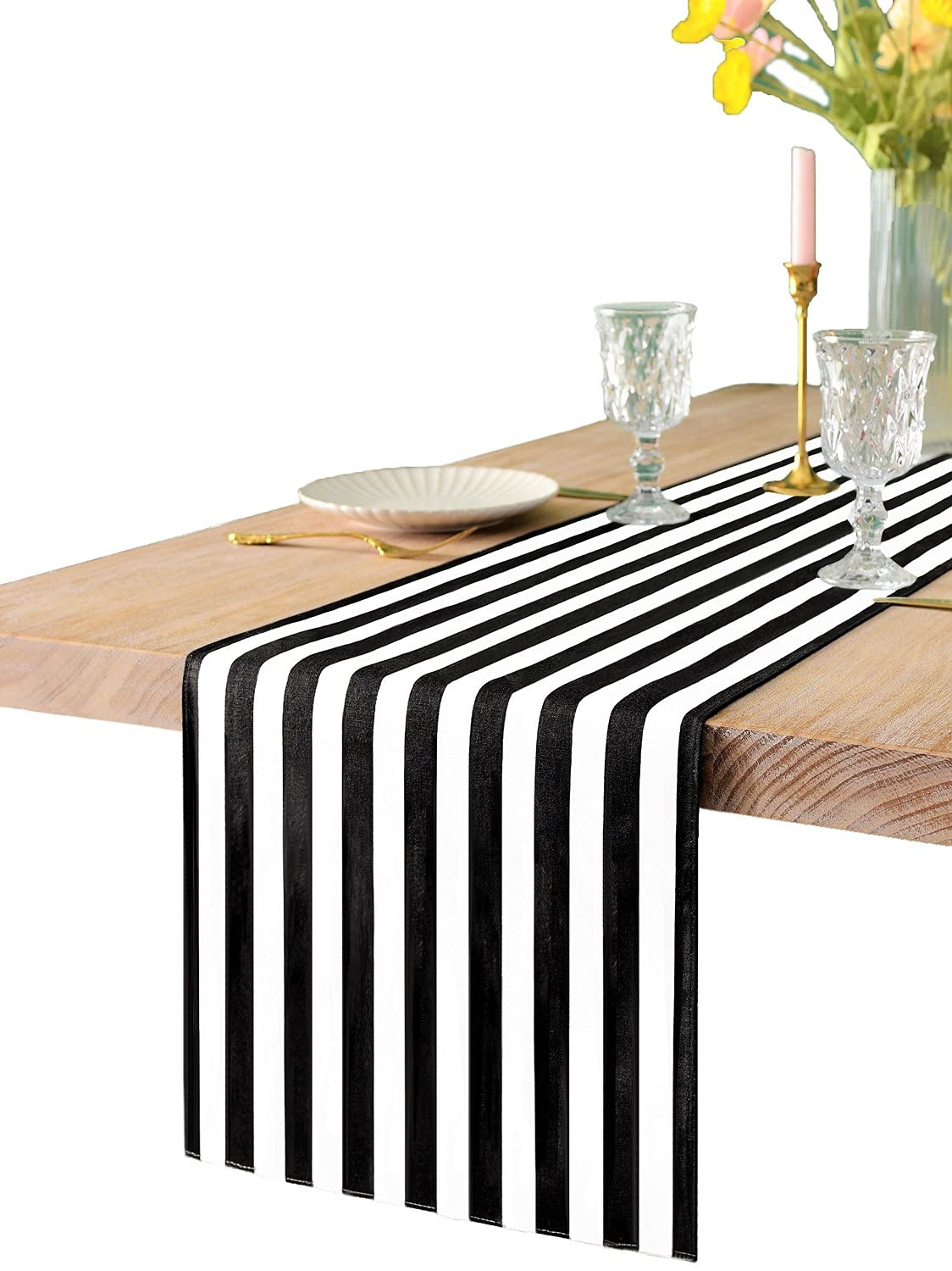 Texson 12 X 48 Inch Black And White Striped Table Runner, Boho Cotton Black And White Table Runner For Modern Wedding Party Deco