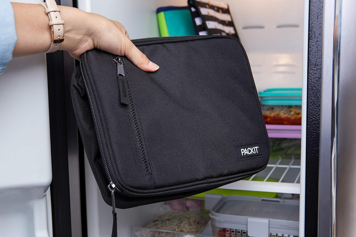Packit Freezable Classic Lunch Box, Black, Built With Ecofreeze Technology, Collapsible, Reusable, Zip Closure With Zip Front Po