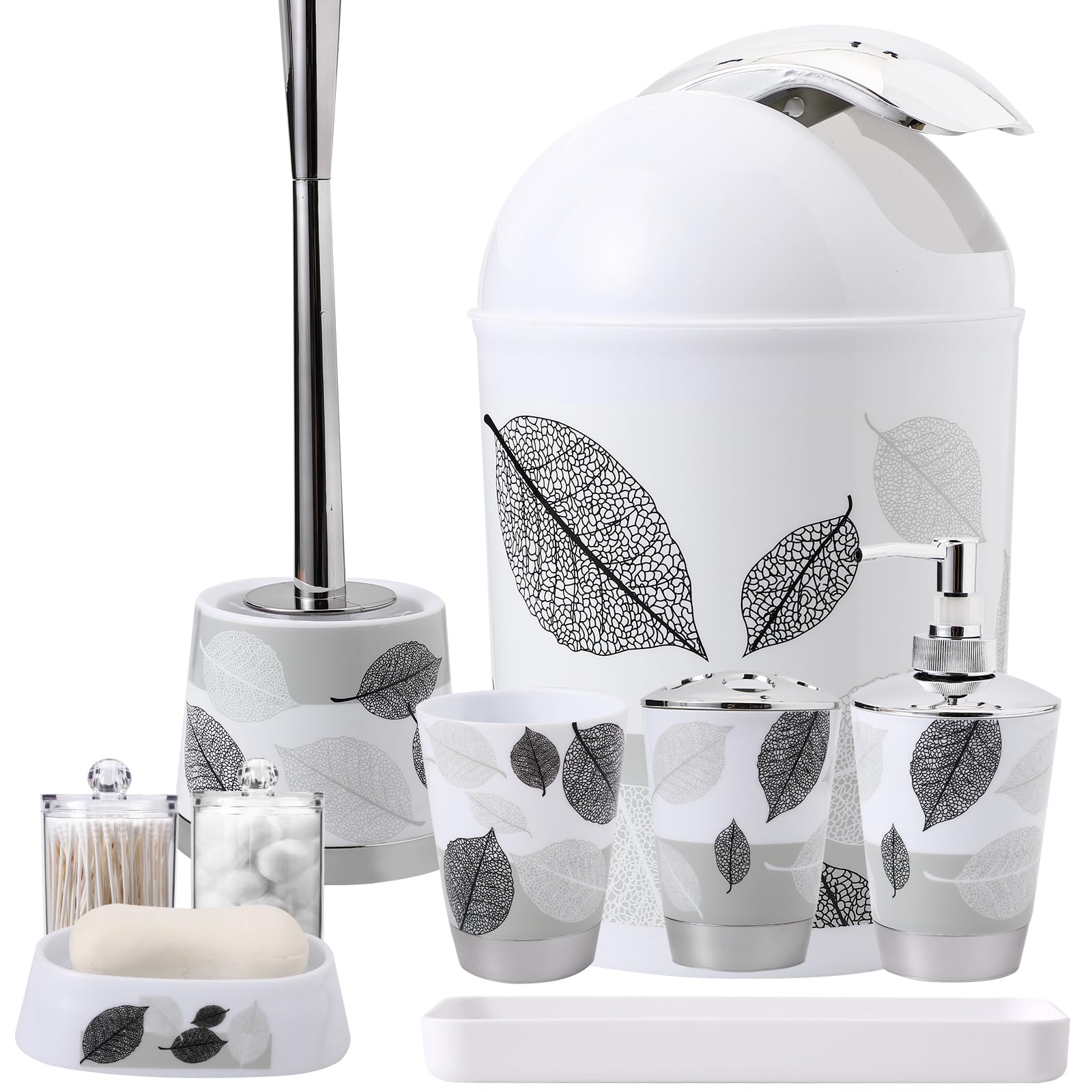 8 Piece Grey Bathroom Sets With Toothbrush Holder,Toothbrush Cup,Lotion Soap Dispenser,Soap Dish,Toilet Brush,Trash Can,Qtip Hol