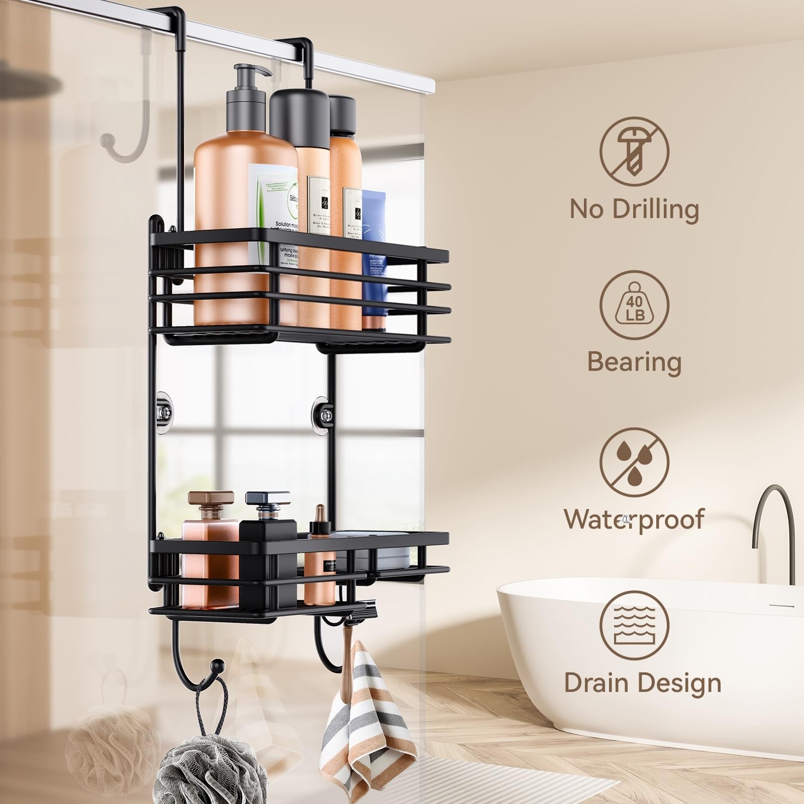 Gaseawolf Shower Caddy Over Door - 2-Tier Organizer Rack, Stainless Steel, Black, No Drilling, Holds Body Wash, Shampoo, Razor, Towel