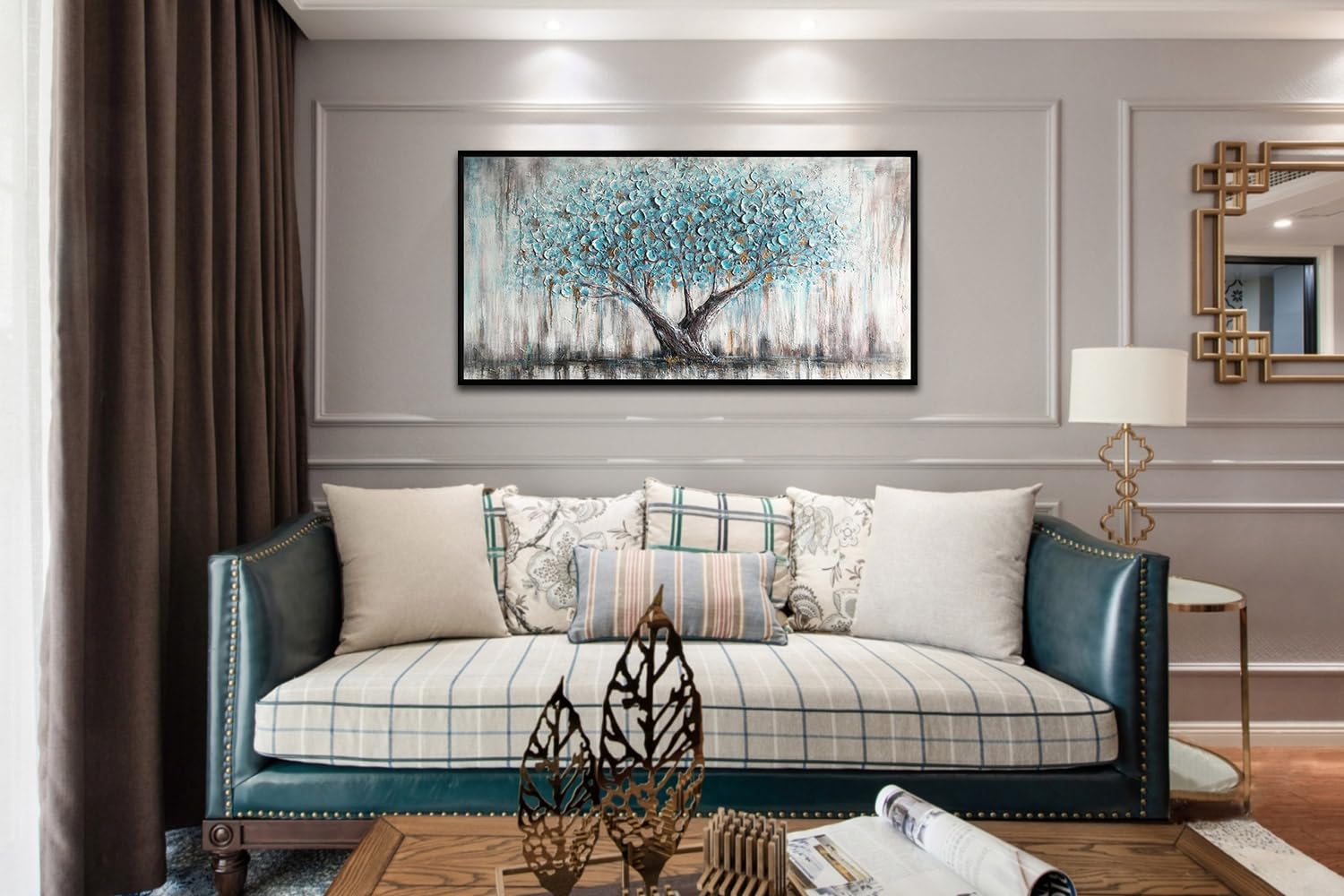 Arjun Blue Tree Wall Art Nature Tree Of Life Abstract Canvas Painting Textured Picture Panoramic Landscape Artwork For Living Ro