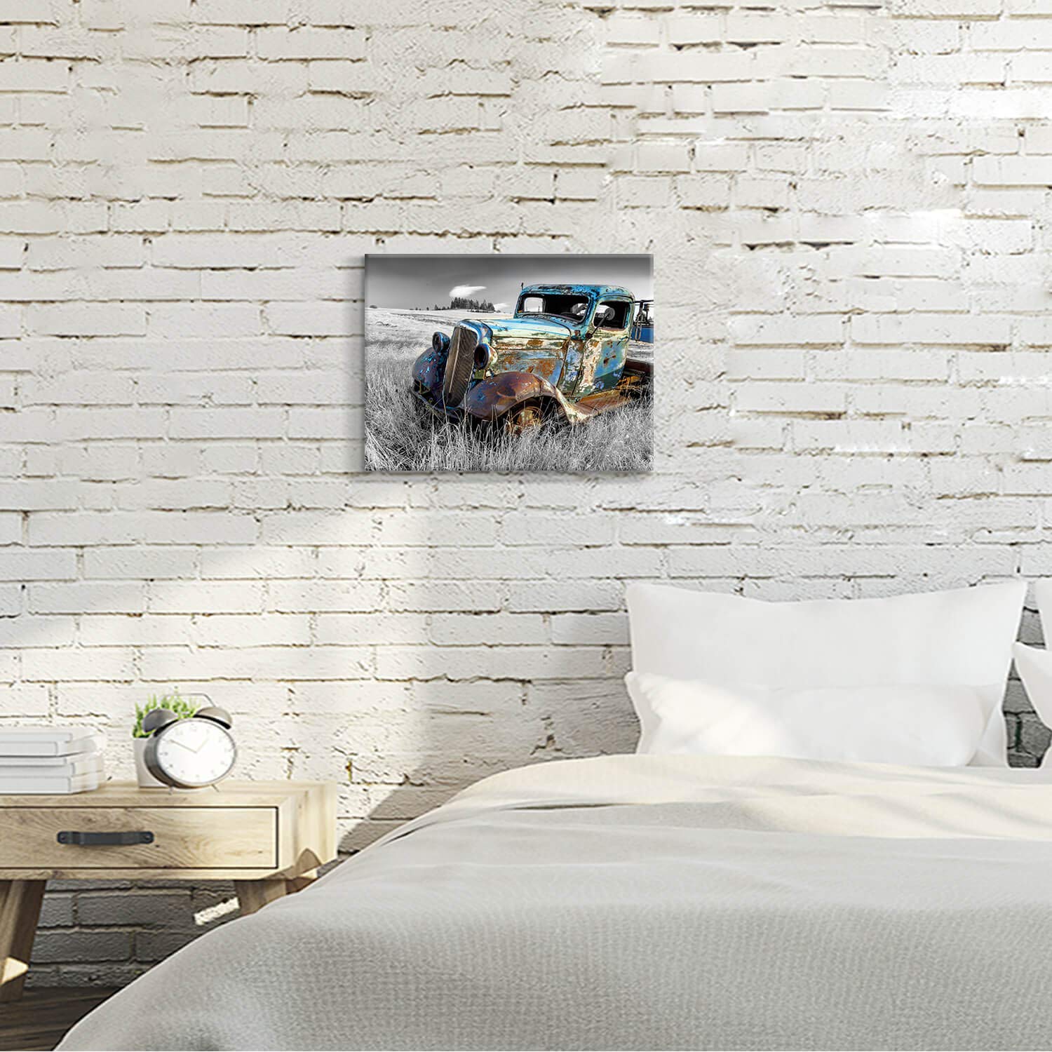 Artistic Path Rusty Car Canvas Wall Art: Old Truck Pictures Paintings Print On Canvas Artwork For Bedroom (16'' W X 11'' H,Multi