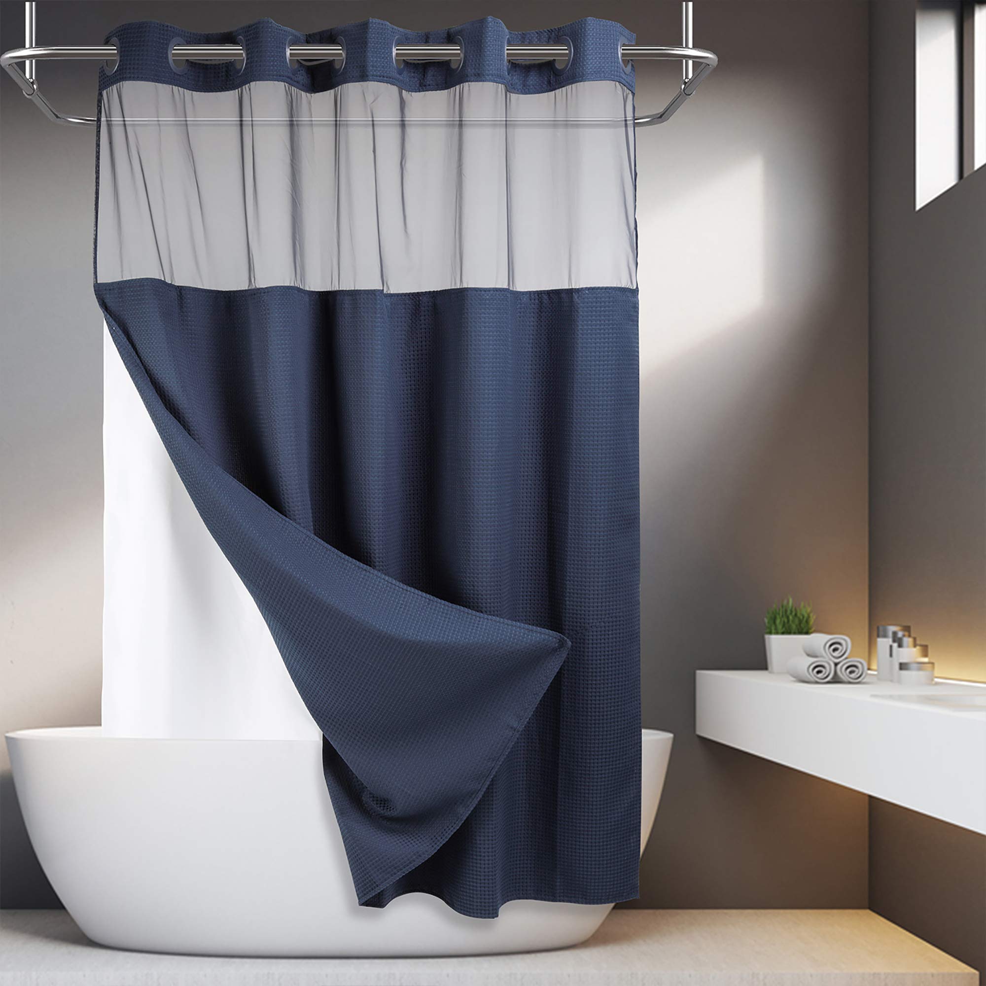 No Hooks Required Dotted Waffle Weave Shower Curtain With Snap In Liner -Extra Long 71W X 86H,Hotel Grade,Spa Like Bath Curtain,