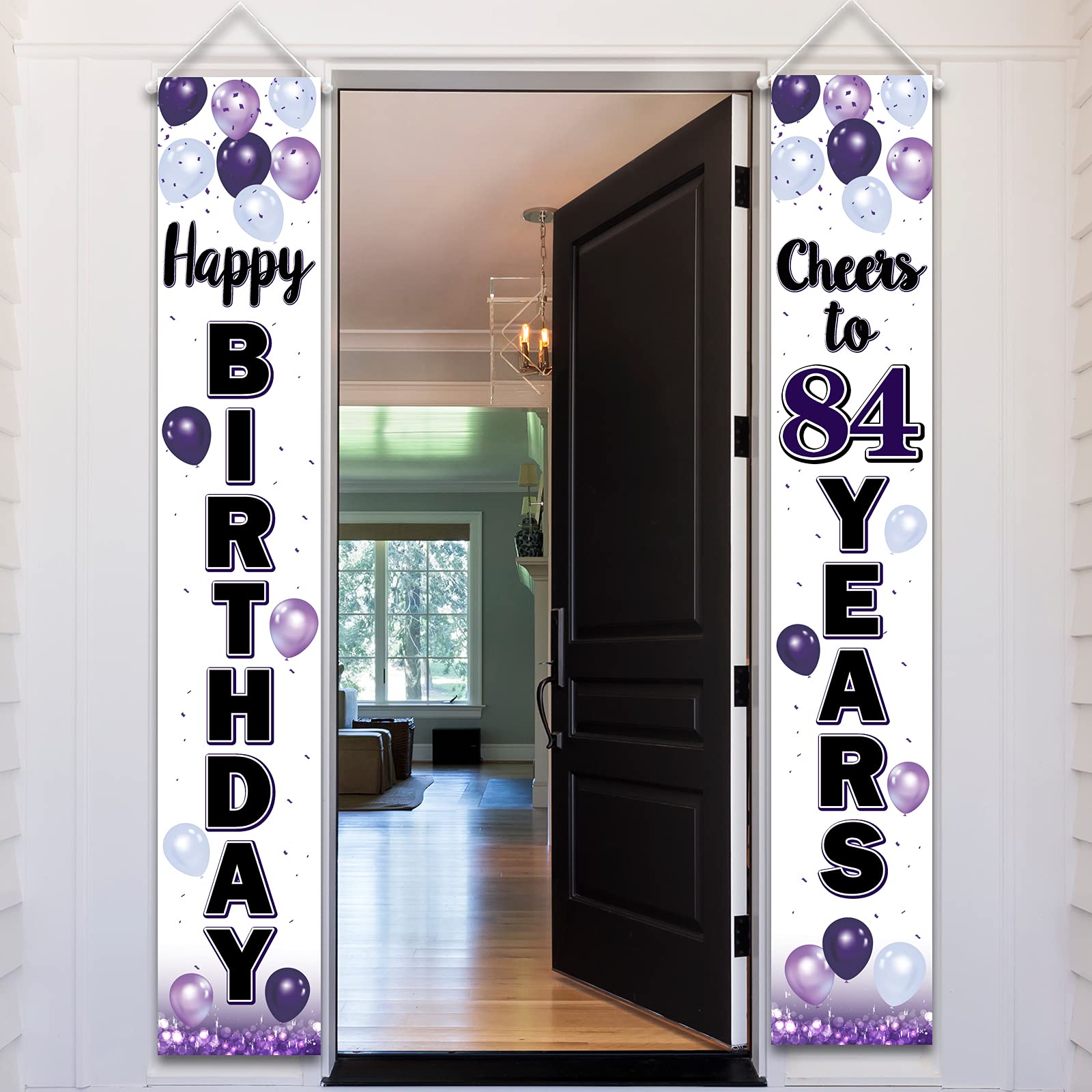 Laskyer Happy 84Th Birthday Decorations,84Th Purple Balloon Birthday Theme Door Hanging Banner Sign,84 Years Old Bday Party Supp