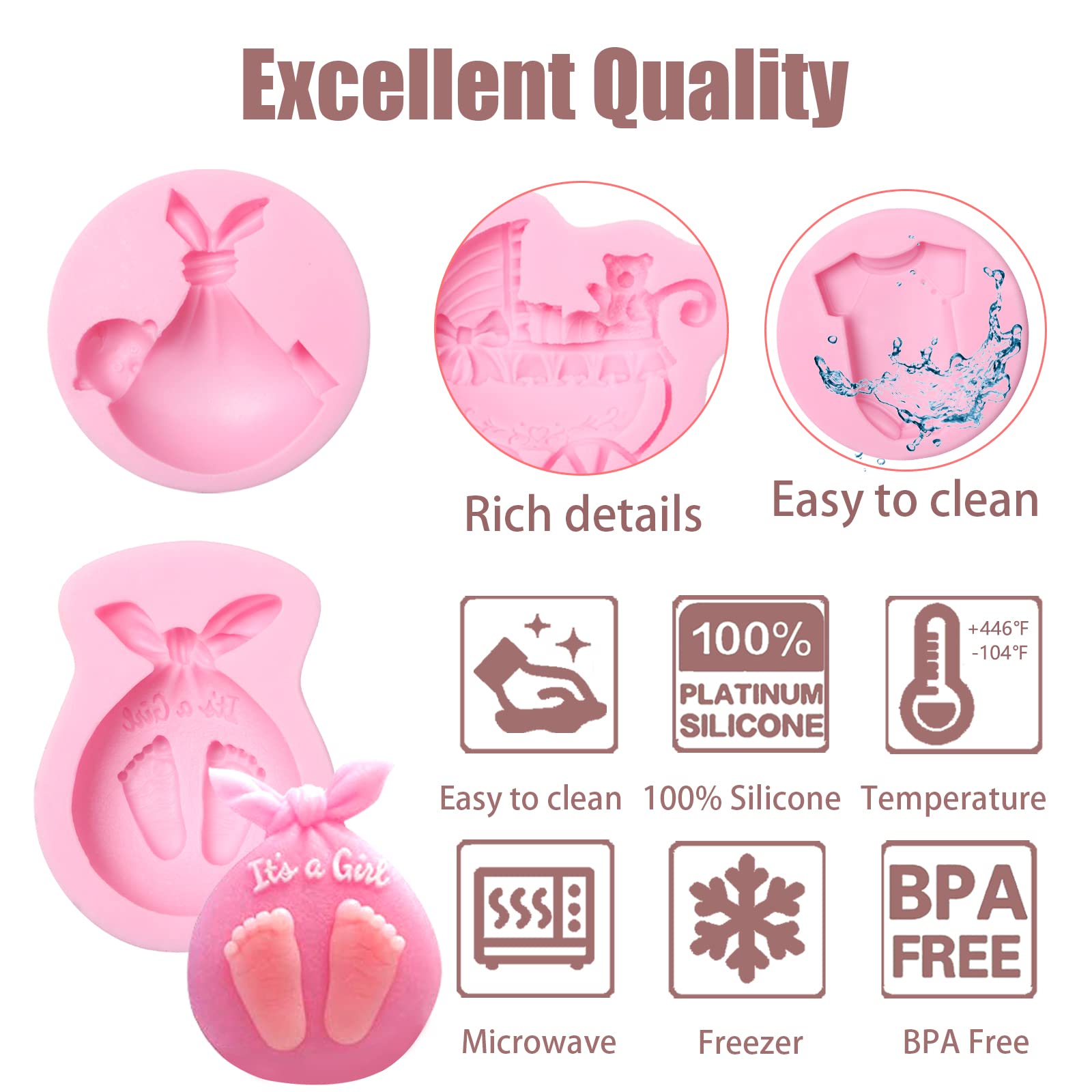 Baby Shower Cupcake Topper Chocolate Candy Silicone Molds 4 Pcs, Cute Baby Baby Cake Carriage And Clothes Feet Fondant Mold For