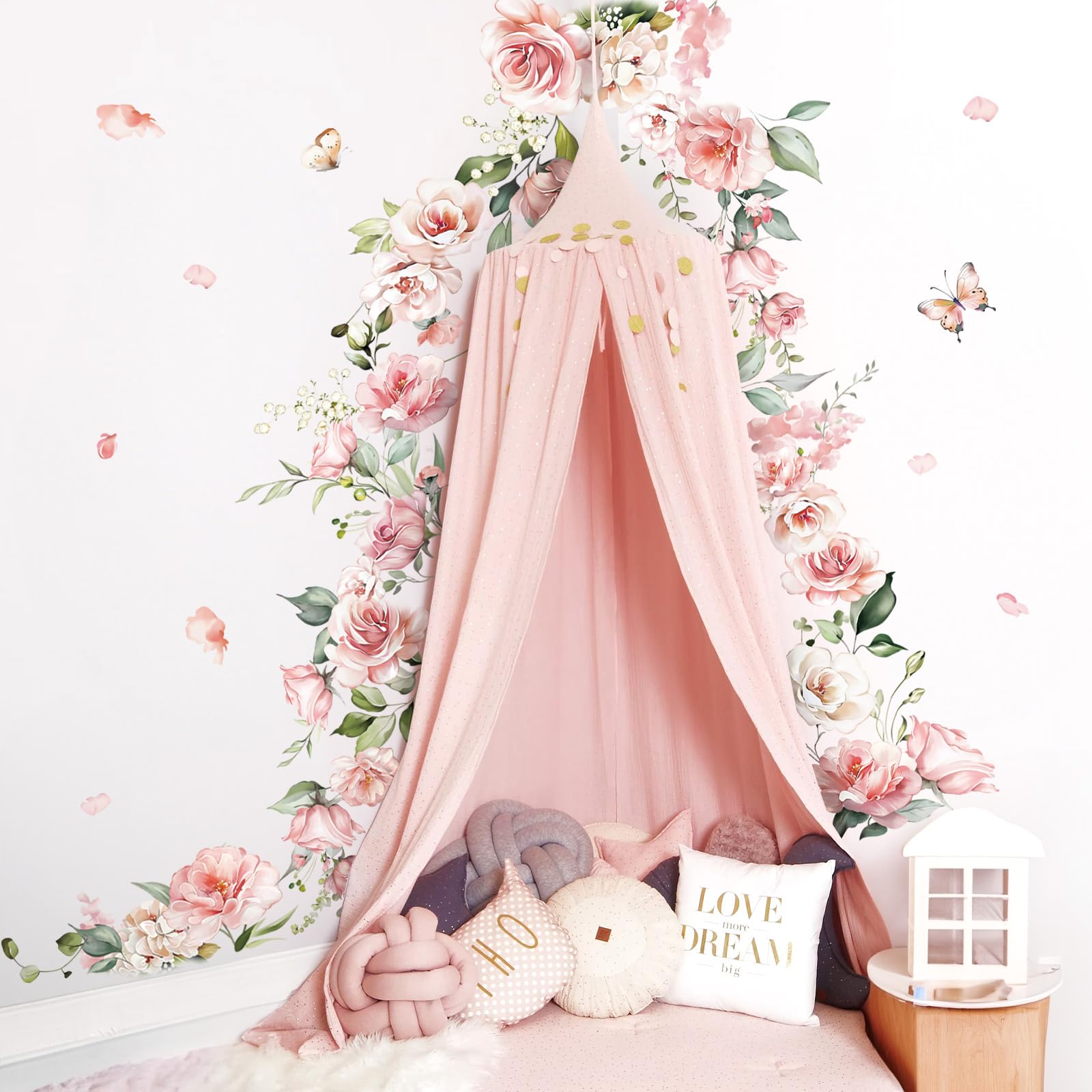 Decalmile Spring Large Pink Flower Wall Decals Hanging Vine Floral Wall Stickers Baby Nursery Girls Bedroom Living Room Wall Dec