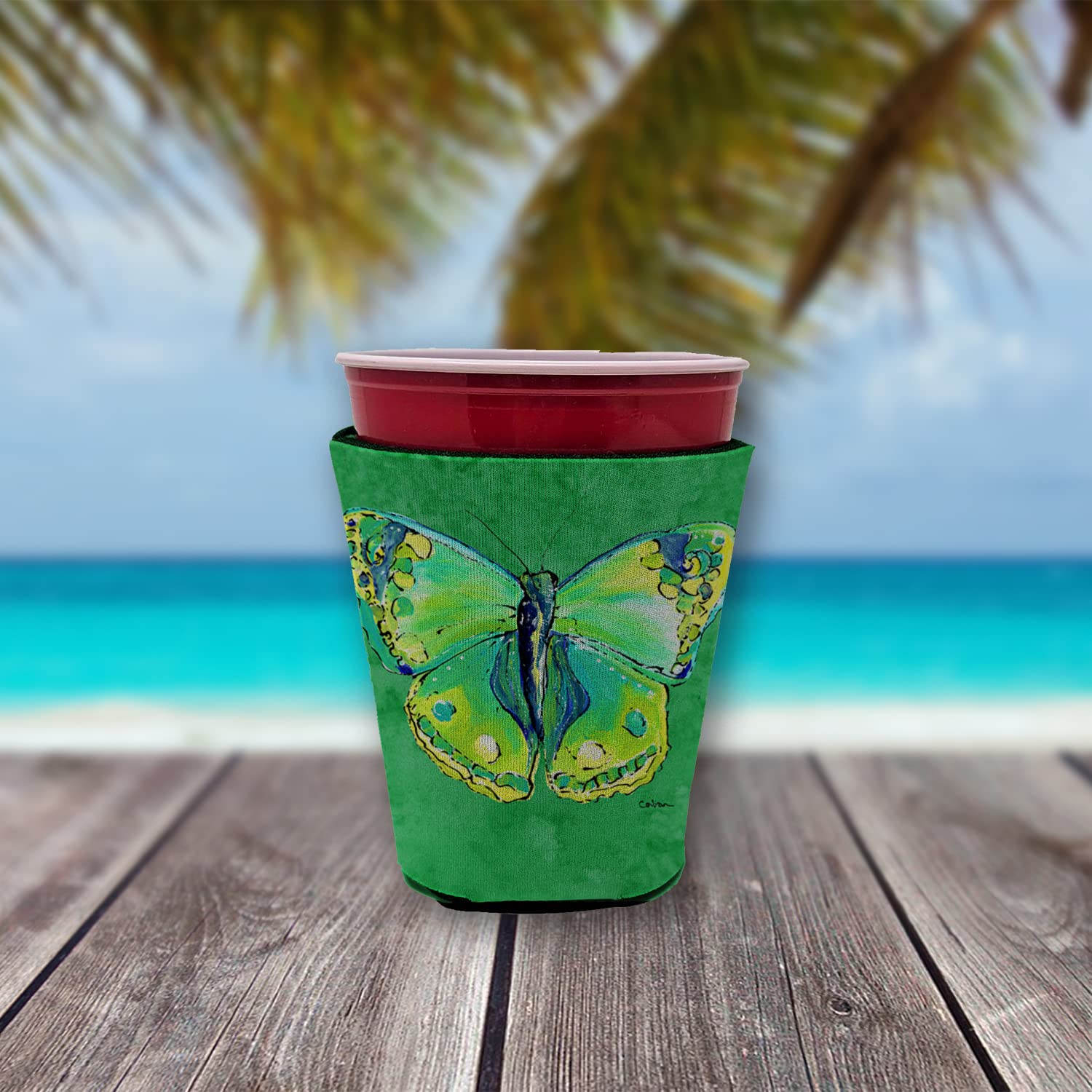 Butterfly Green on Green Red Solo Cup Beverage Insulator Hugger
