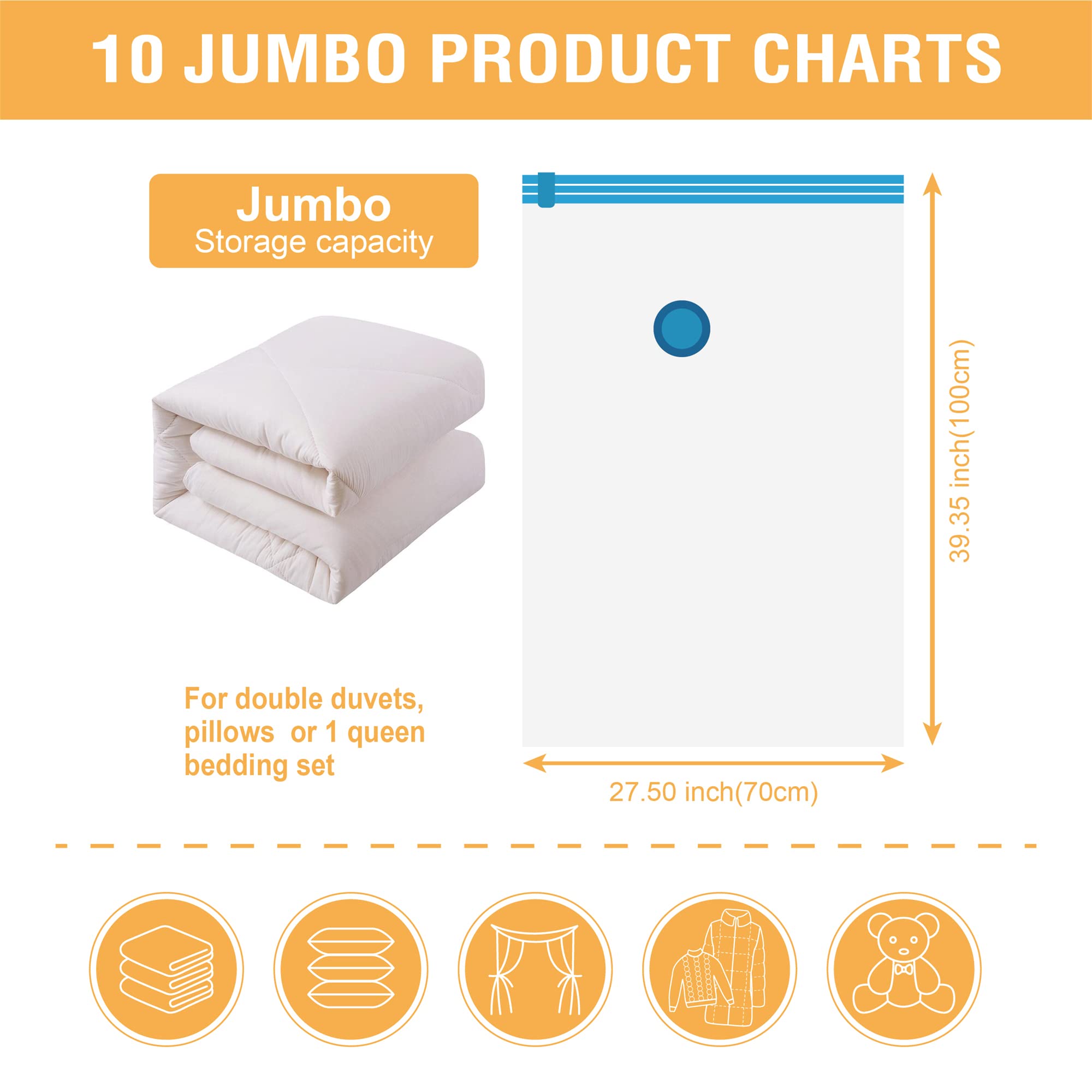 10 Jumbo Vacuum Storage Bags  Space Saver Bags Compression Storage Bags for Comforters and Blankets  Vacuum Sealer Bags for Clothes Storage  Hand Pump Included