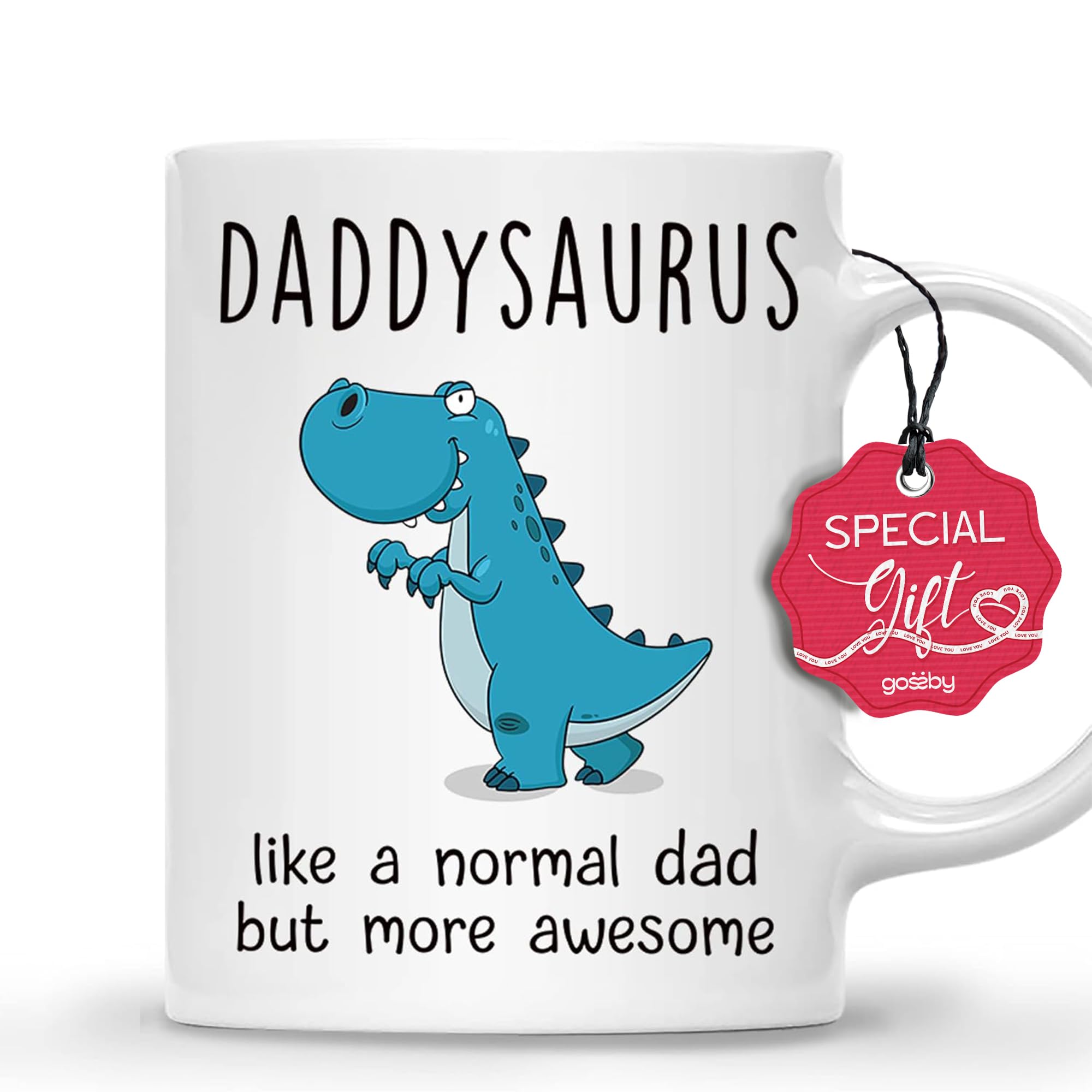 Gossby DADDYSAURUS Coffee Mug for Dad - Funny Gifts for Dad from Daughter, Son, Kid - 11oz T-rex Daddy Mug - Fathers Day, Christ
