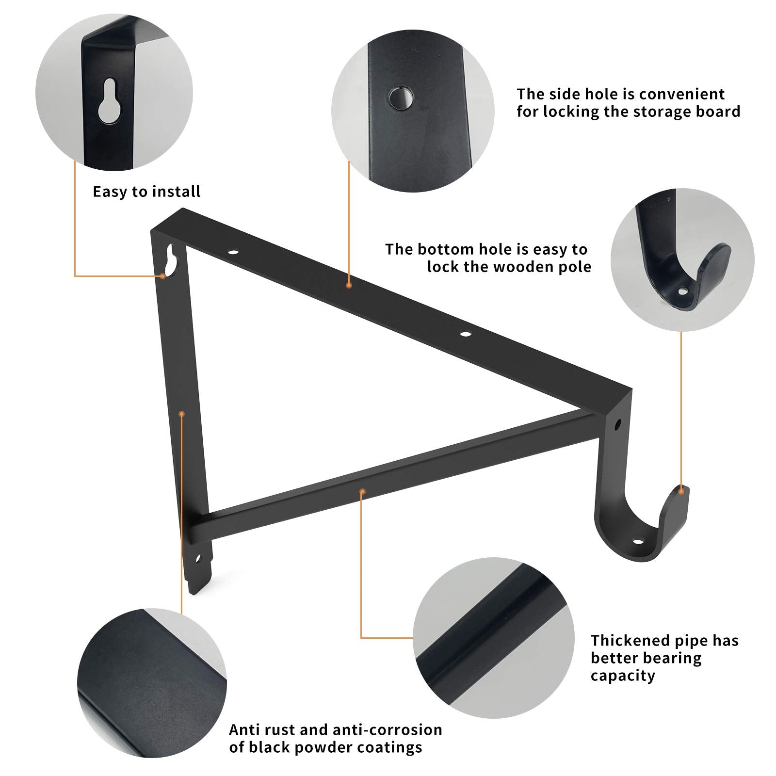 Heavy Duty Closet Rod & Shelf Brackets Clothes Hanger Pole Support Bracket Black 3 Pack