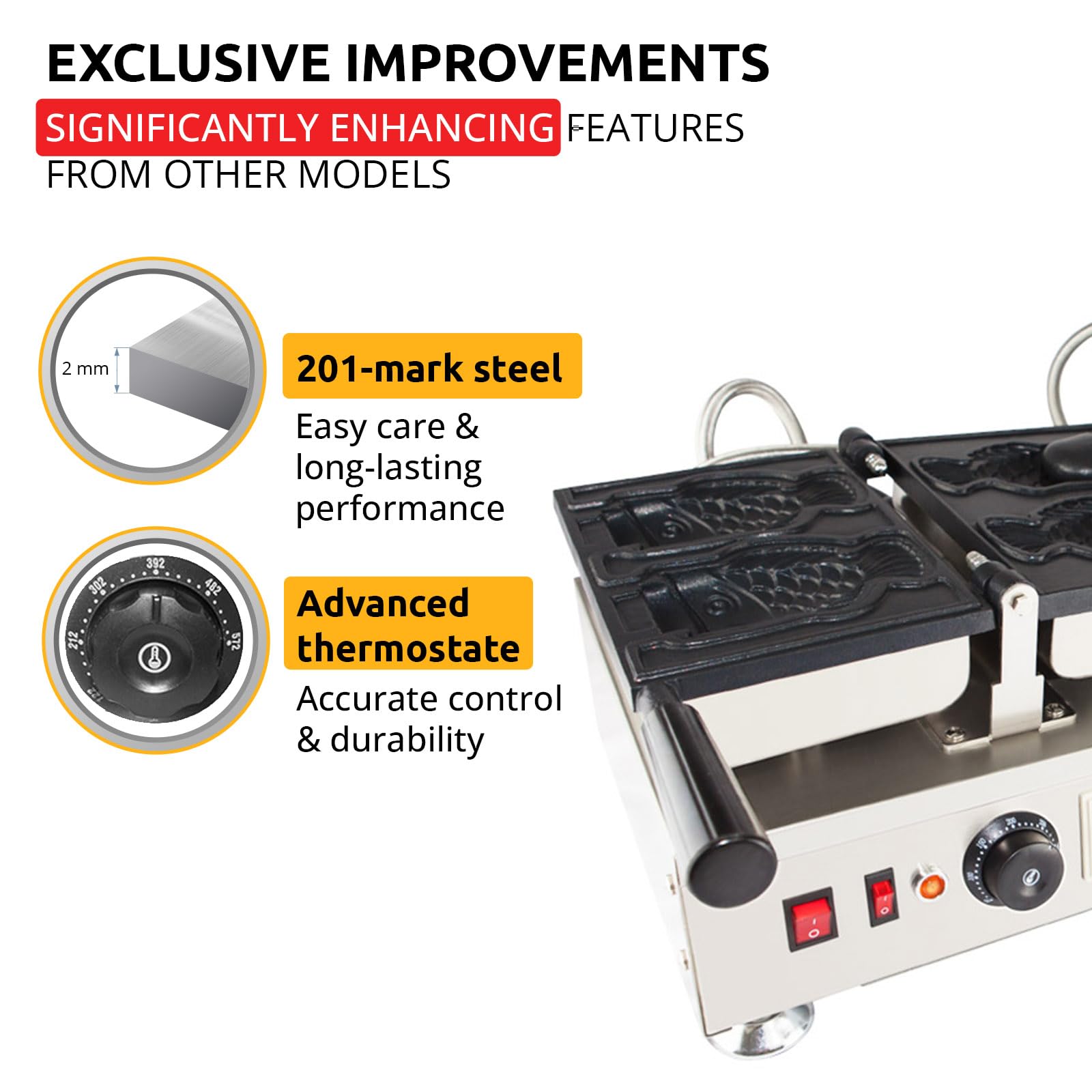 Aldkitchen Open Mouth Fish Waffle Machine | Stainless Steel Electric Taiyaki Maker With Nonstick Baking Molds | Fish Shaped Ice