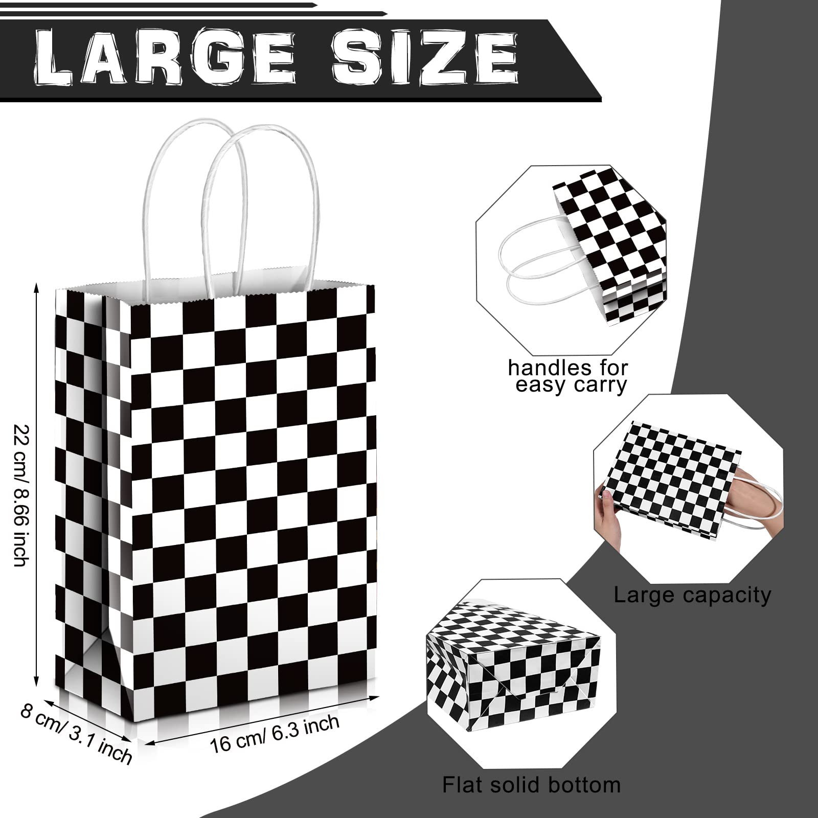 Epakh 16 Pcs Checkered Racing Treat Bags Race Car Party Favors Bag With Handles Black And White Checkered Racing Flag Candy Bags