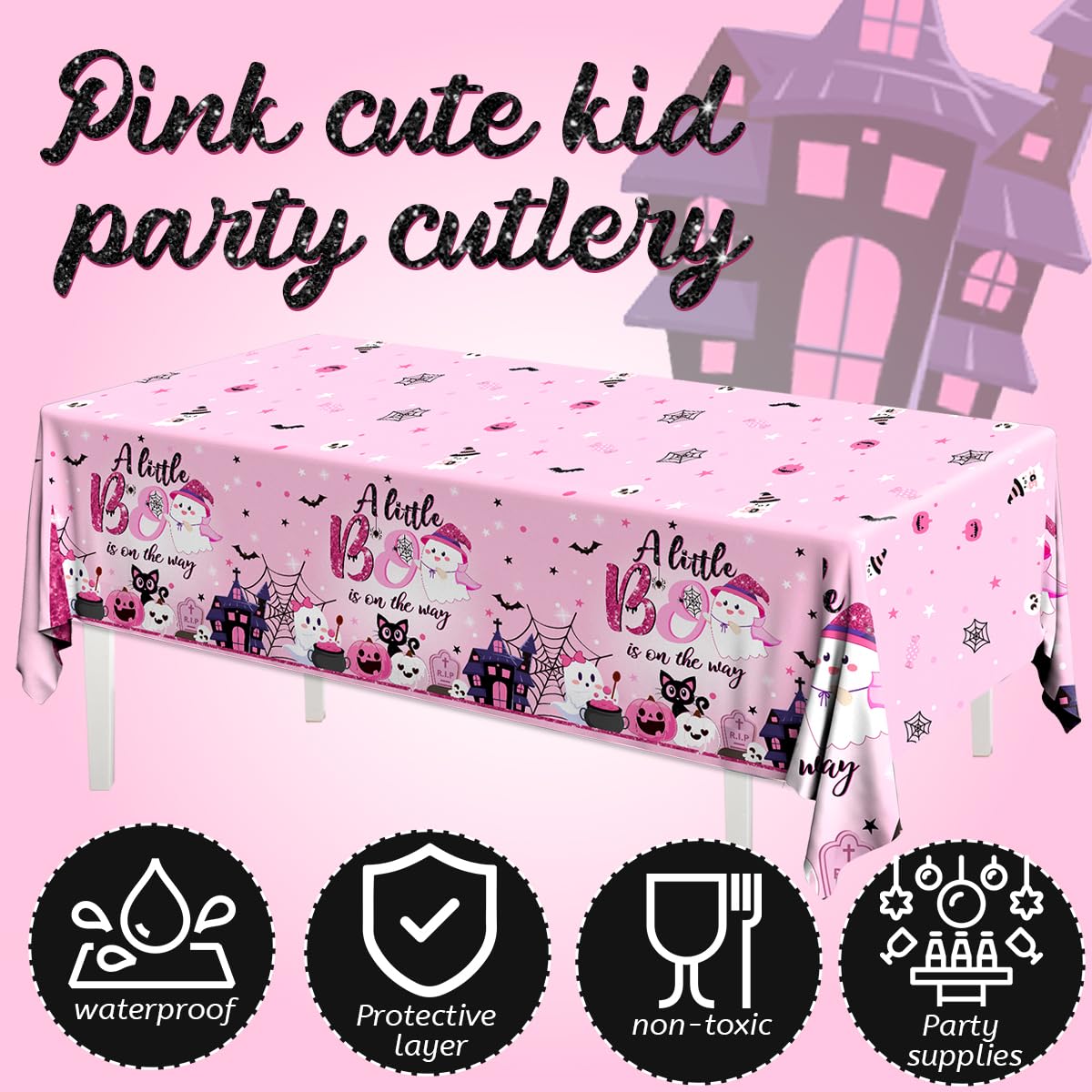 Grehumor 3Pcs A Little Boo Is On The Way Tablecloth A Little Boo Is On The Way Baby Shower Party Decorations Disposable Plastic