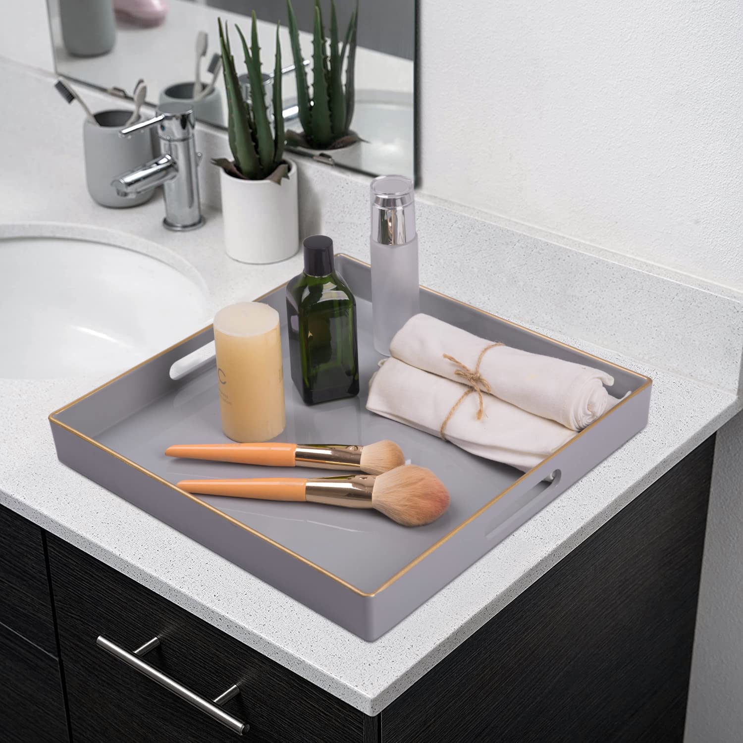 MAONAME Decorative Tray  Gray Serving Tray with Handles  Coffee Table Tray  Square Plastic Tray for Ottoman  Bathroom  Kitchen  13''x13''x1.57''