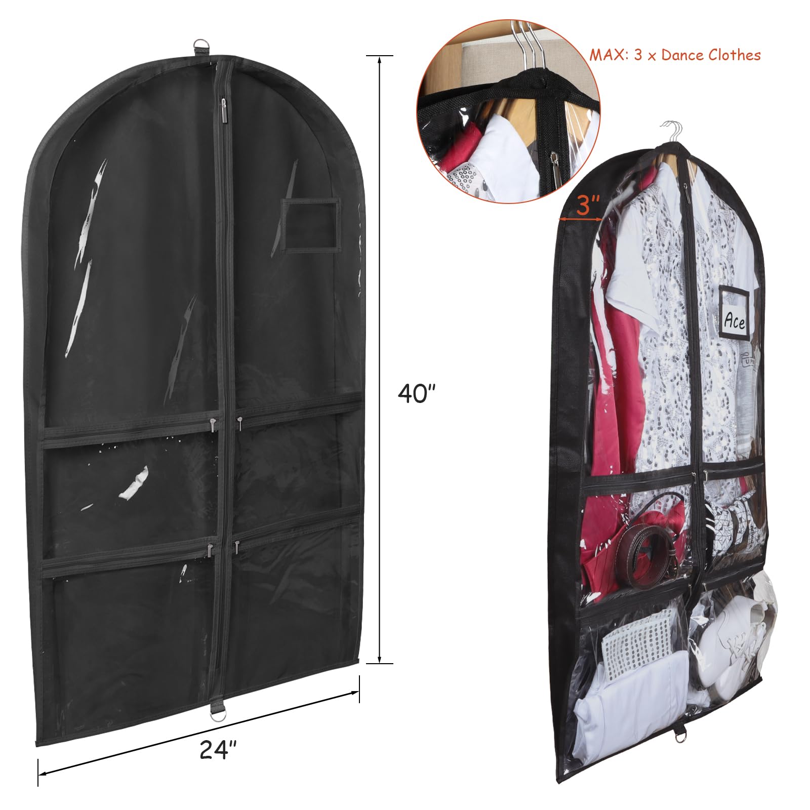 Syeeiex 3 Gusseted Clear Dance Costume Garment Bag, 40 Dance Garment Bags for Dancers with 4 Zippered Pocket & Can Hold 1-3 Da