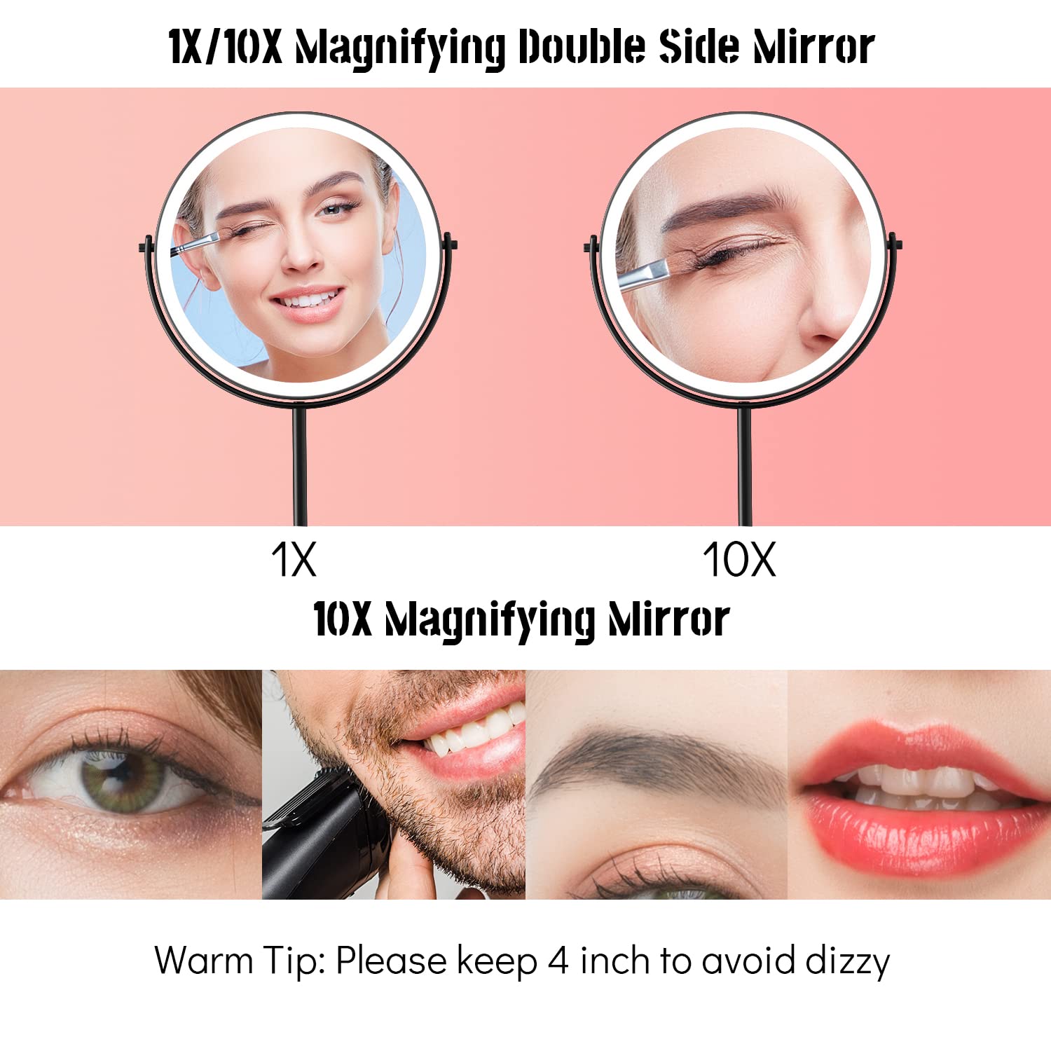 Wizchark 8    Lighted Makeup Mirror, 1X 10X Magnifying Mirror With Light, Double Sided Vanity Mirror With Lights, 3 Color Led Di