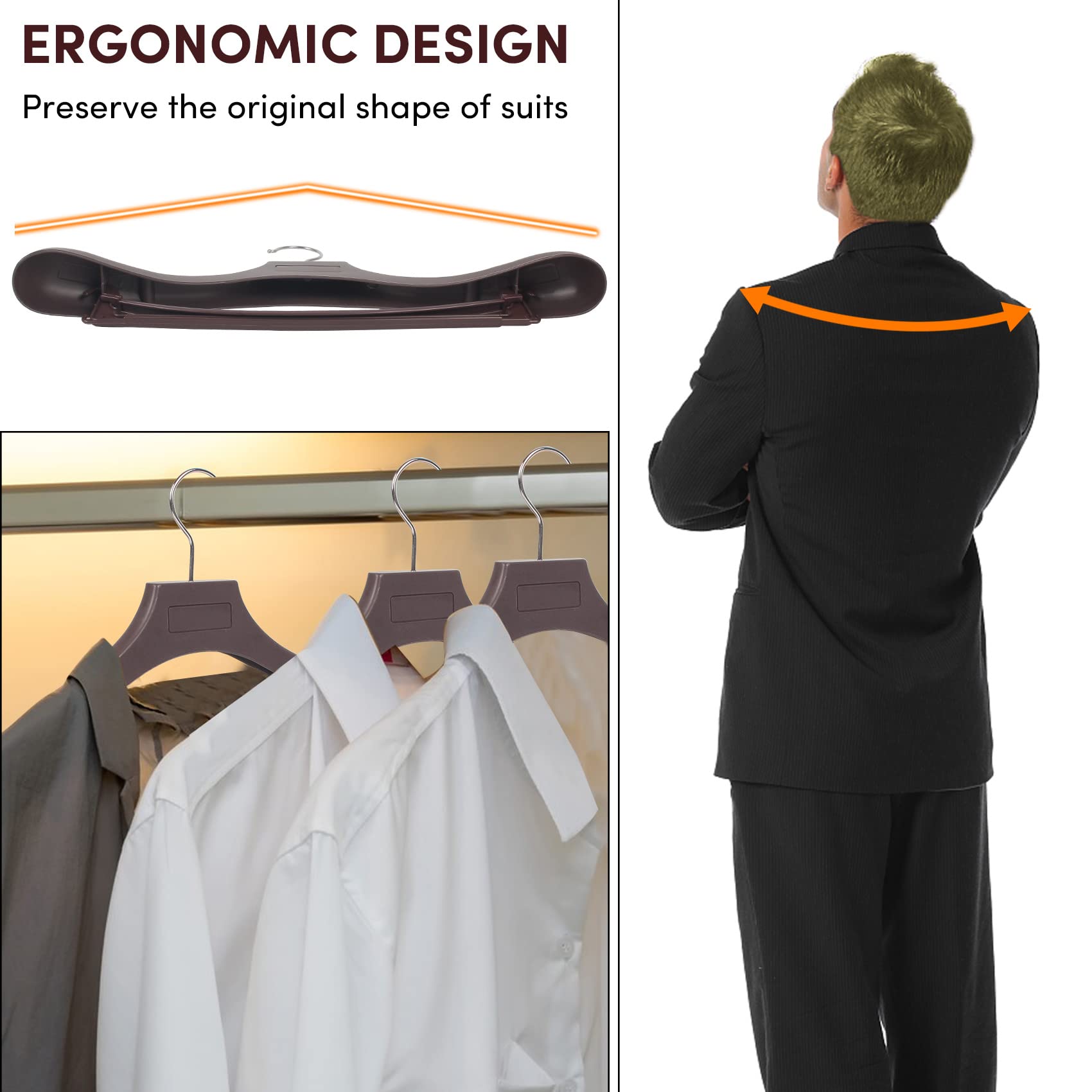 DEDU Plastic Extra Wide Shoulder Suit Hangers for Men 20 Pack Width 17.3 ''  Brown Sweater Hangers no Shoulder Bump Non Slip for Thick Sweaters  Clothes Hangers with Pants Bar 360? Swivel Metal Hook
