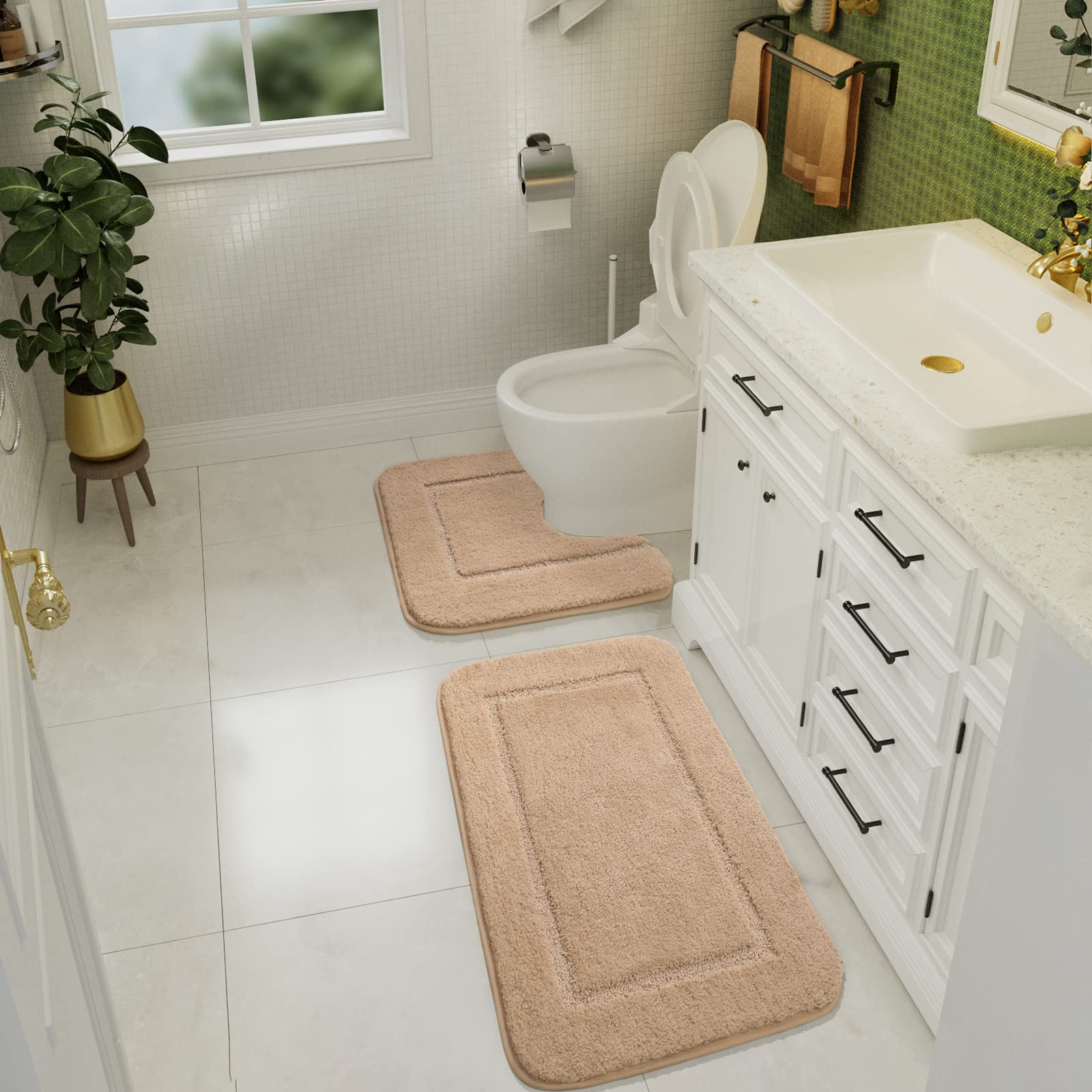 Lochas Bathroom Rug Set Beige, Soft Bath Rug Set 2 Piece Set, Toilet Mat U-Shaped 20X20 And 34X20 Bathroom Rugs, Quickly Dry Mat
