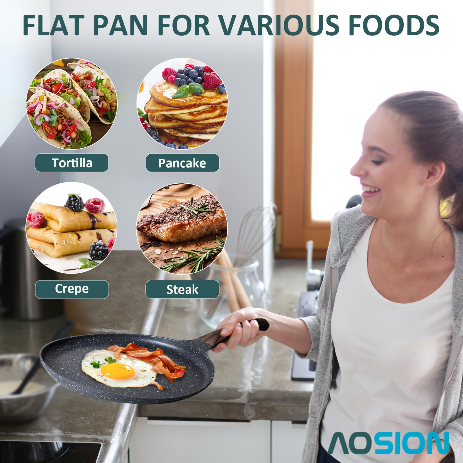 Aosion 11 Inch Crepe Pan Nonstick Dosa Tawa Pan,Skillet Pan,Cast Aluminum Tortilla Pan For Pancake Omelette Steak Frying Egg Wit