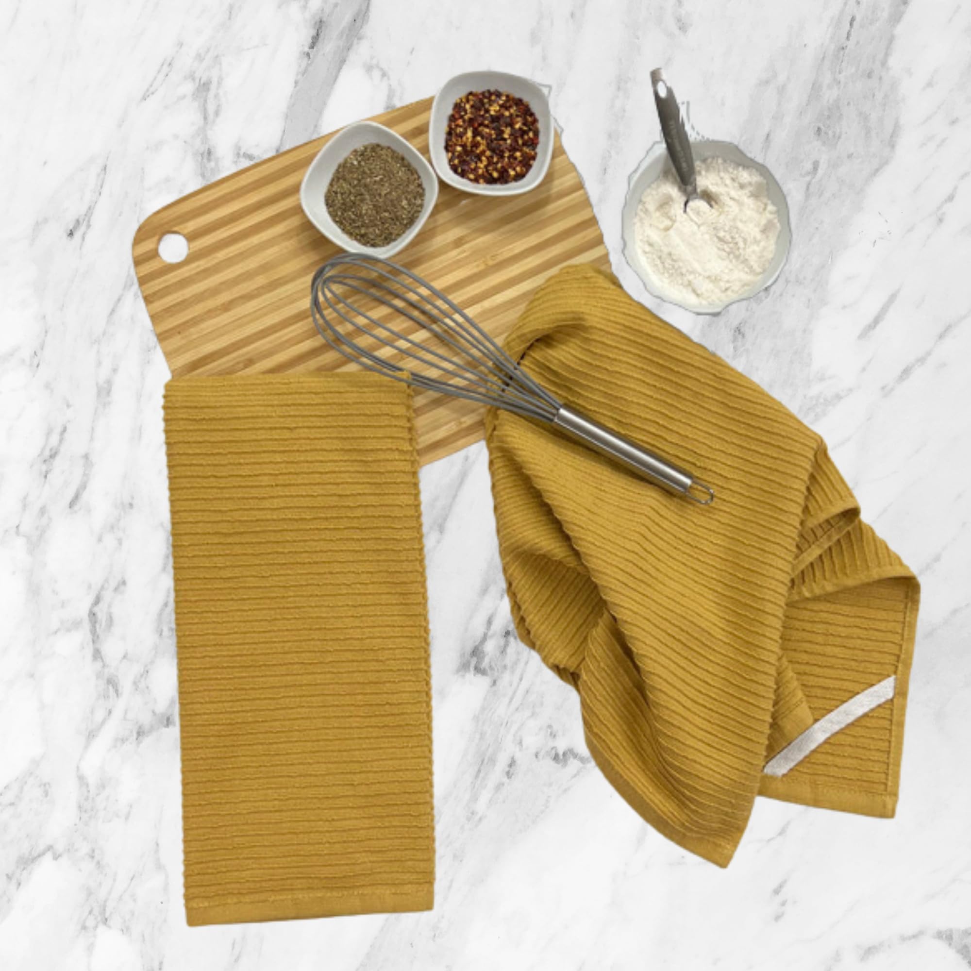 Mustard Yellow Ribbed Kitchen Dish Towels: 100% Cotton Cloth Soft Cleaning Drying Absorbent Terry Loop, Set Of 3 Multipurpose Fo