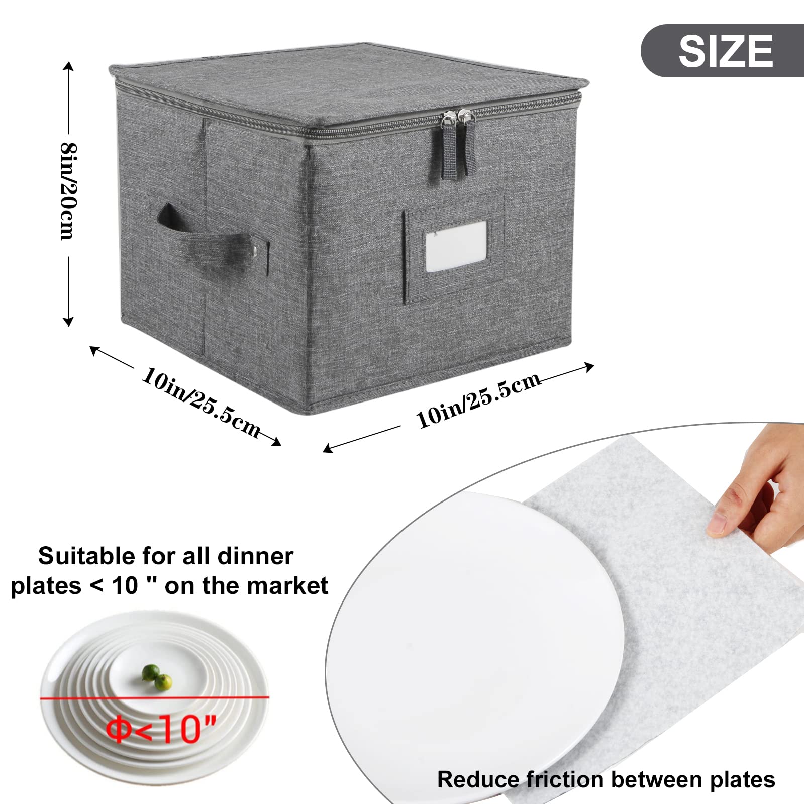 popoly China Storage Containers Inside 10'' W x 8'' H  Salad Plate Storage Box for Dishes Storage with 24 Felt Dividers  Hold 24 Plates  Hard Shell and Stackable (2 Pack Grey)