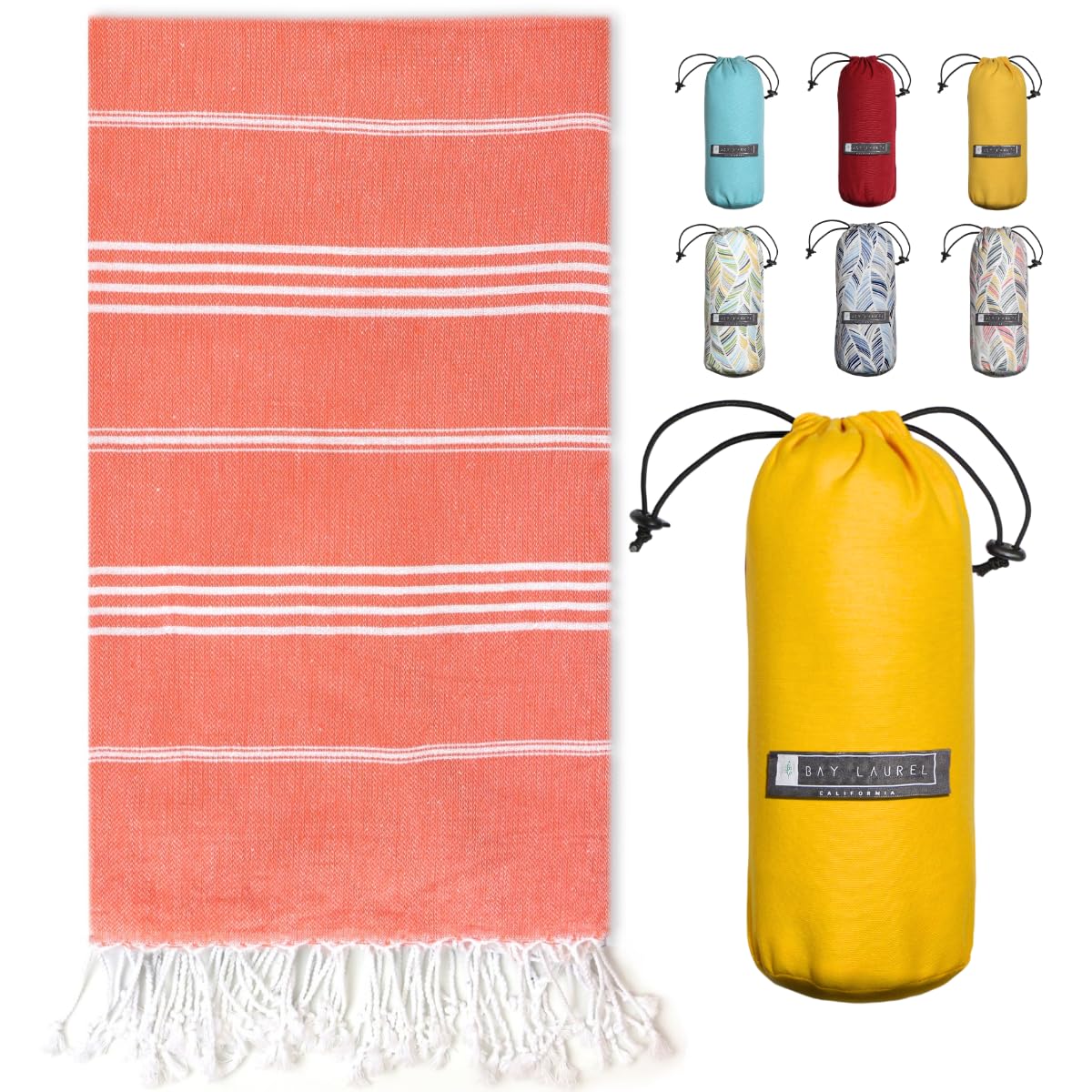 Bay Laurel Turkish Beach Towel With Travel Bag 39 X 71 Quick Dry Sand Free Lightweight Large Oversized Towels Light (Orange With