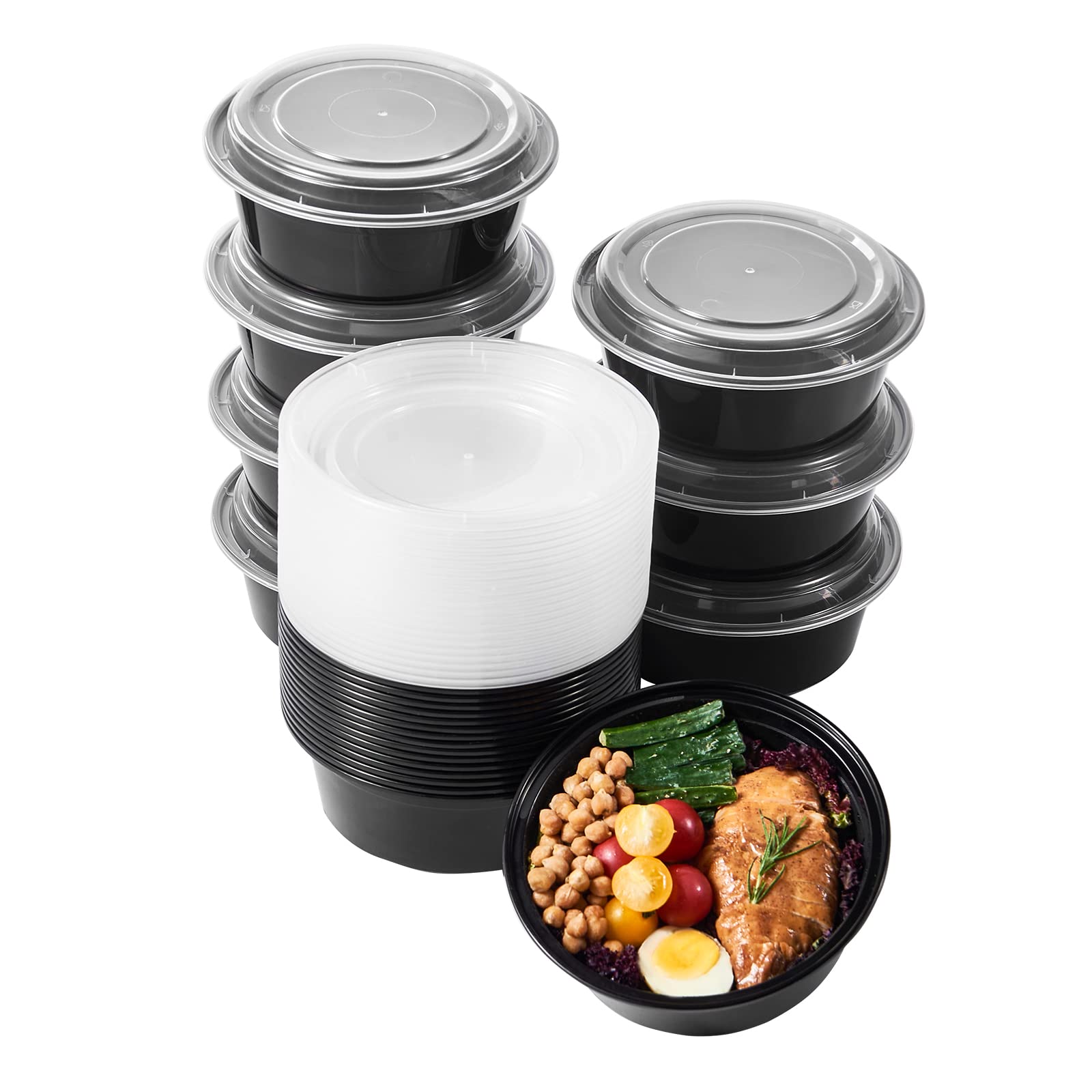 FULING 32 oz 50 ct Round Meal Prep Containers with Lids Plastic Food Storage Lunch Plan To Go Box Disposable Take Out Bowls Blac