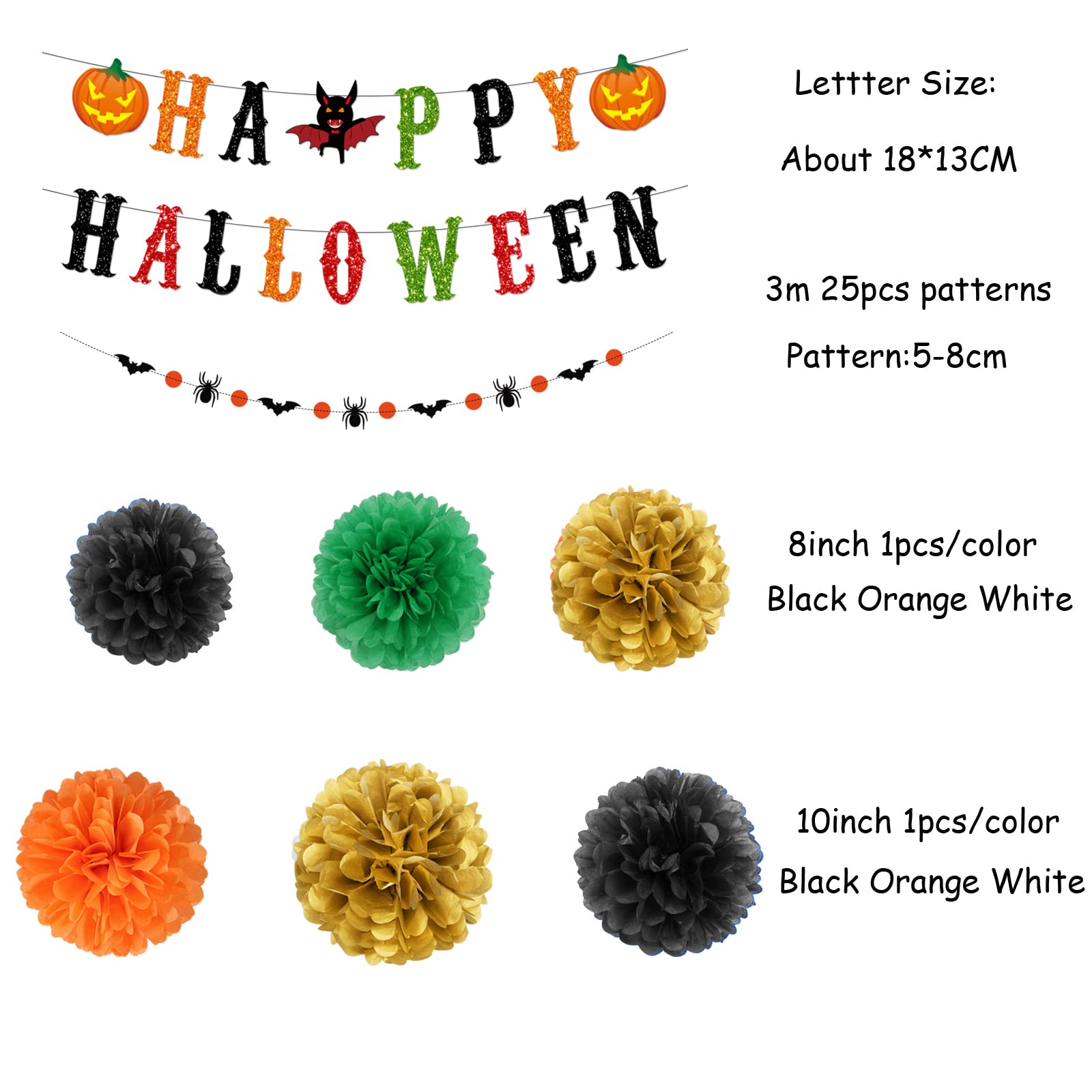 Black-Orange Green-Gold Halloween Party-Decorations - 8Pcs Kits Happy Halloween Banner, Tissue Flower Paper Pom Poms Streamers,B
