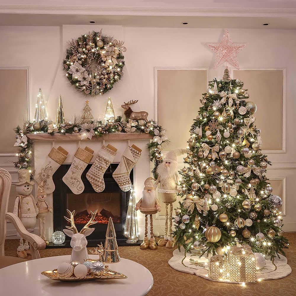 Christmas Tree Toppers Xmas Glitter Rose Gold Hollow Star Treetop Topper for Christmas Tree Decoration