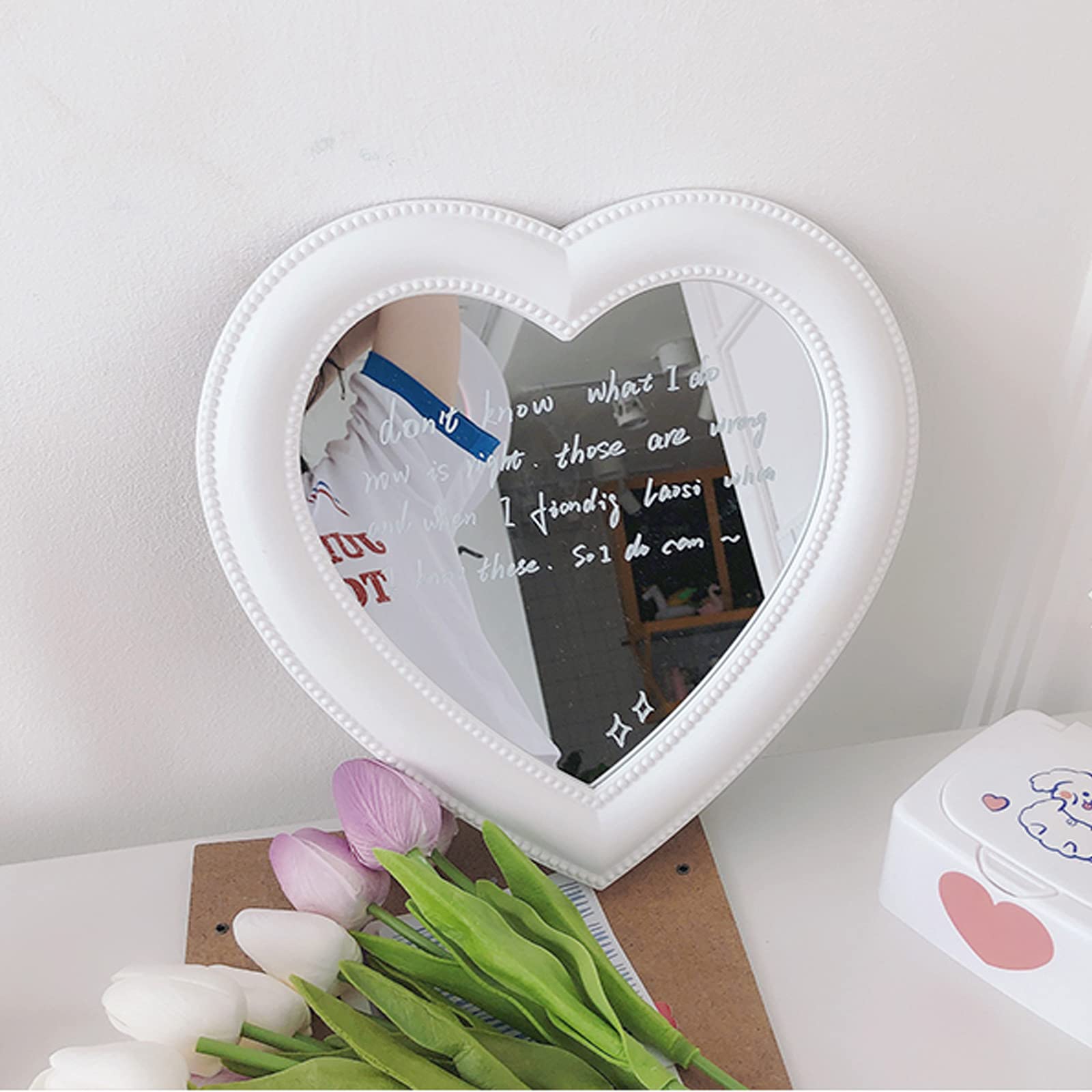 Binaryabc Heart Makeup Mirror Cosmetic Mirror Wall Desktop Mirror Bedroom Mirror,Valentines Day Gift(White)