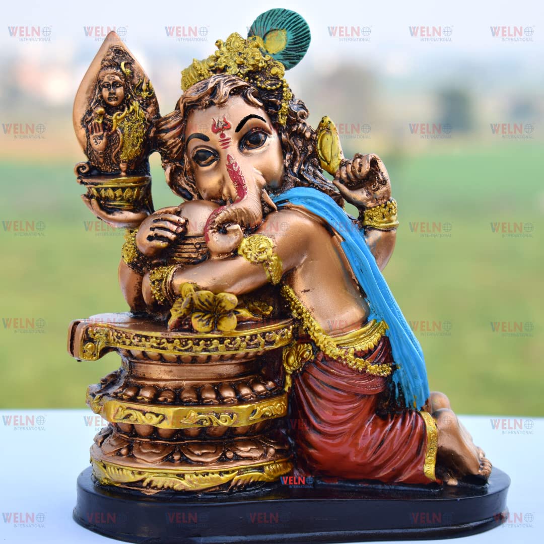Mark India Resin Ganesha Vinayagar Statue, Antique Finish Resin Ganesh Idol/Cute Hugging Shivling Statue Ganesha/Vinayaka