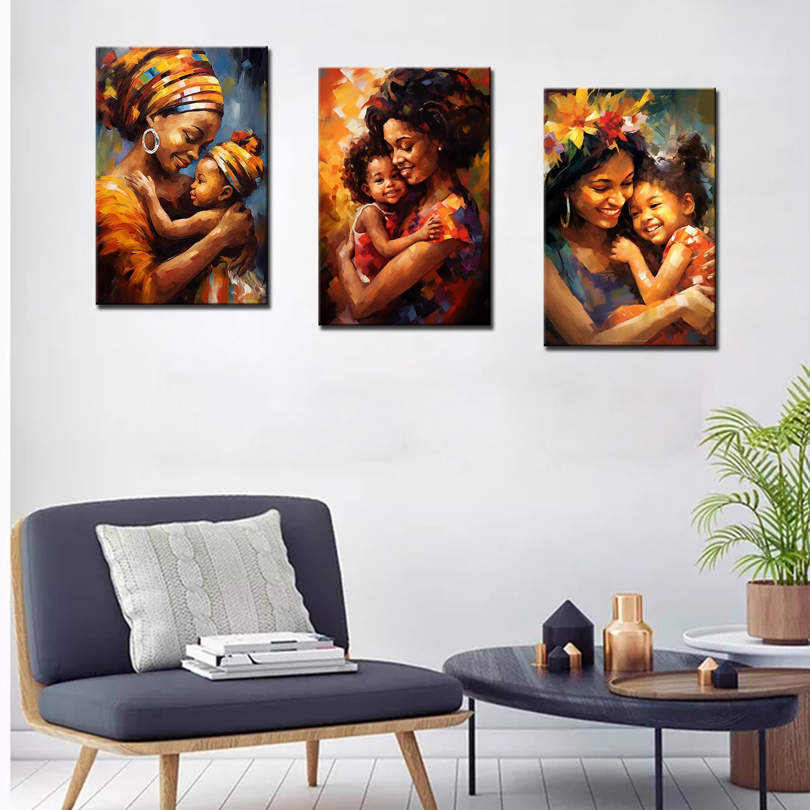 Tucocoo Art Work For Home Walls Black Women Pictures Happy African Mother Paintings 3 Panel Canvas Smiling Baby Girl Art Modern