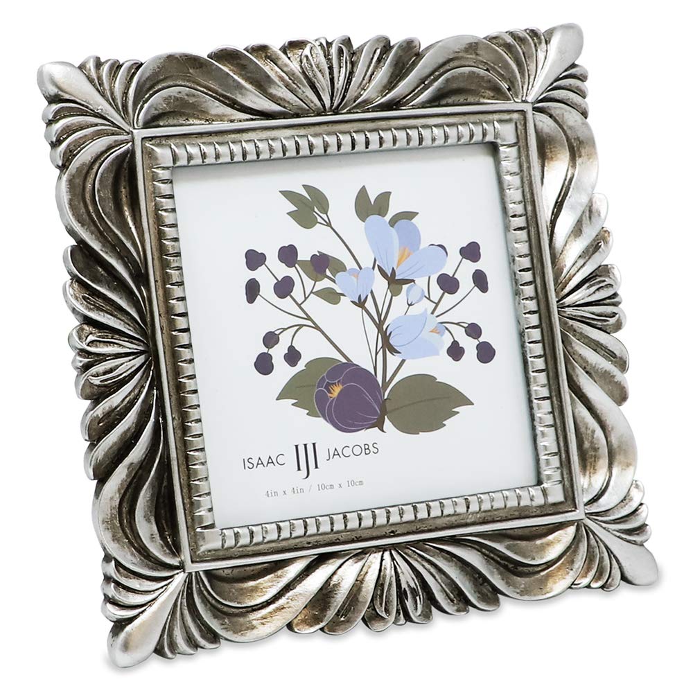 Isaac Jacobs 4x4 Silver Wave Textured Hand-Crafted Resin Picture Frame with Easel & Hook for Tabletop & Wall Display, Decorative