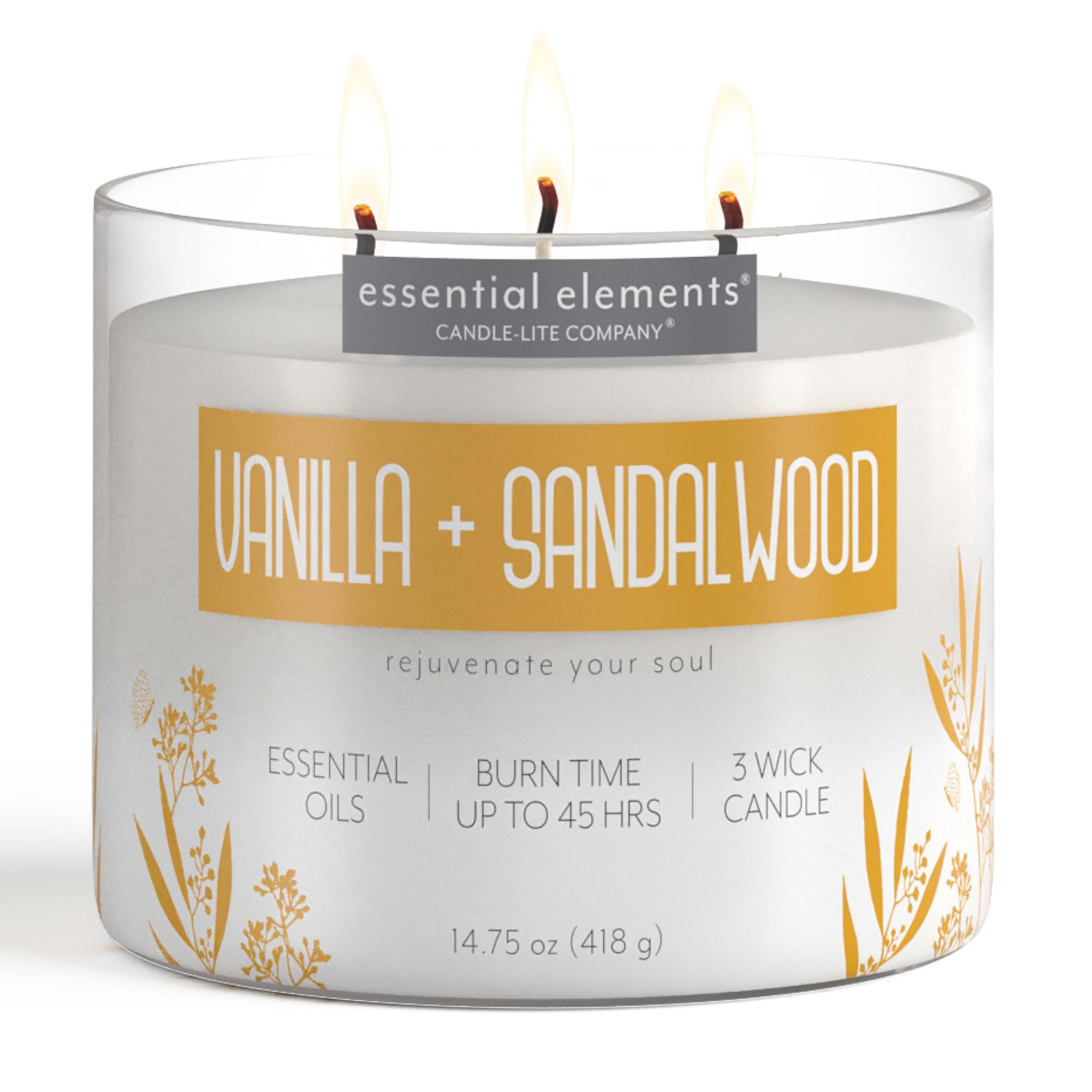 Essential Elements by Candle-lite Scented Candles, Vanilla & Sandalwood Fragrance, One 14.75 oz. Three-Wick Aromatherapy Candle
