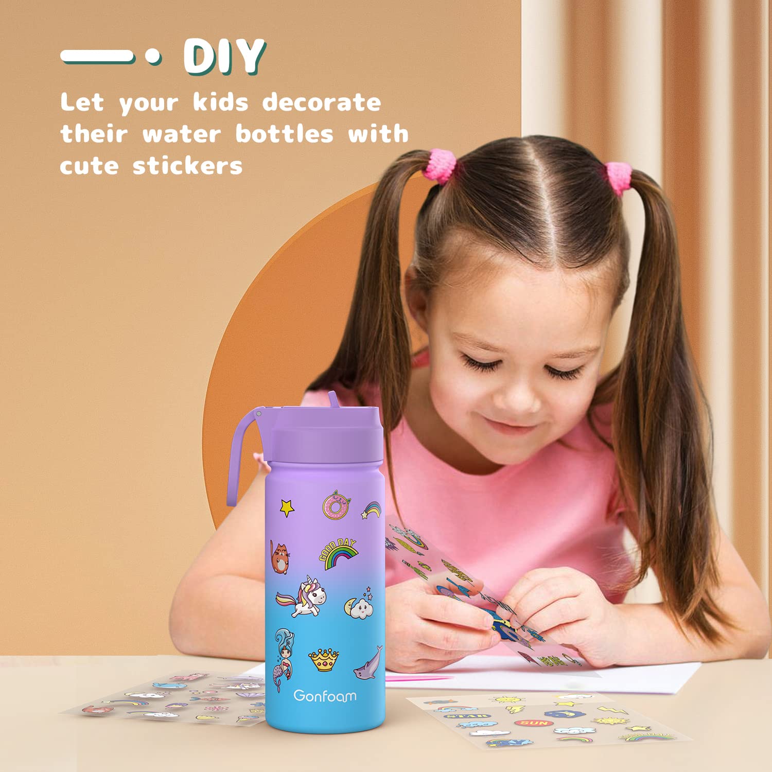 Kids Water Bottle, 2-Pack 16oz Water Bottles with Stickers and Straw, Stainless Steel Vacuum Insulated cup, Kids Water Bottle fo