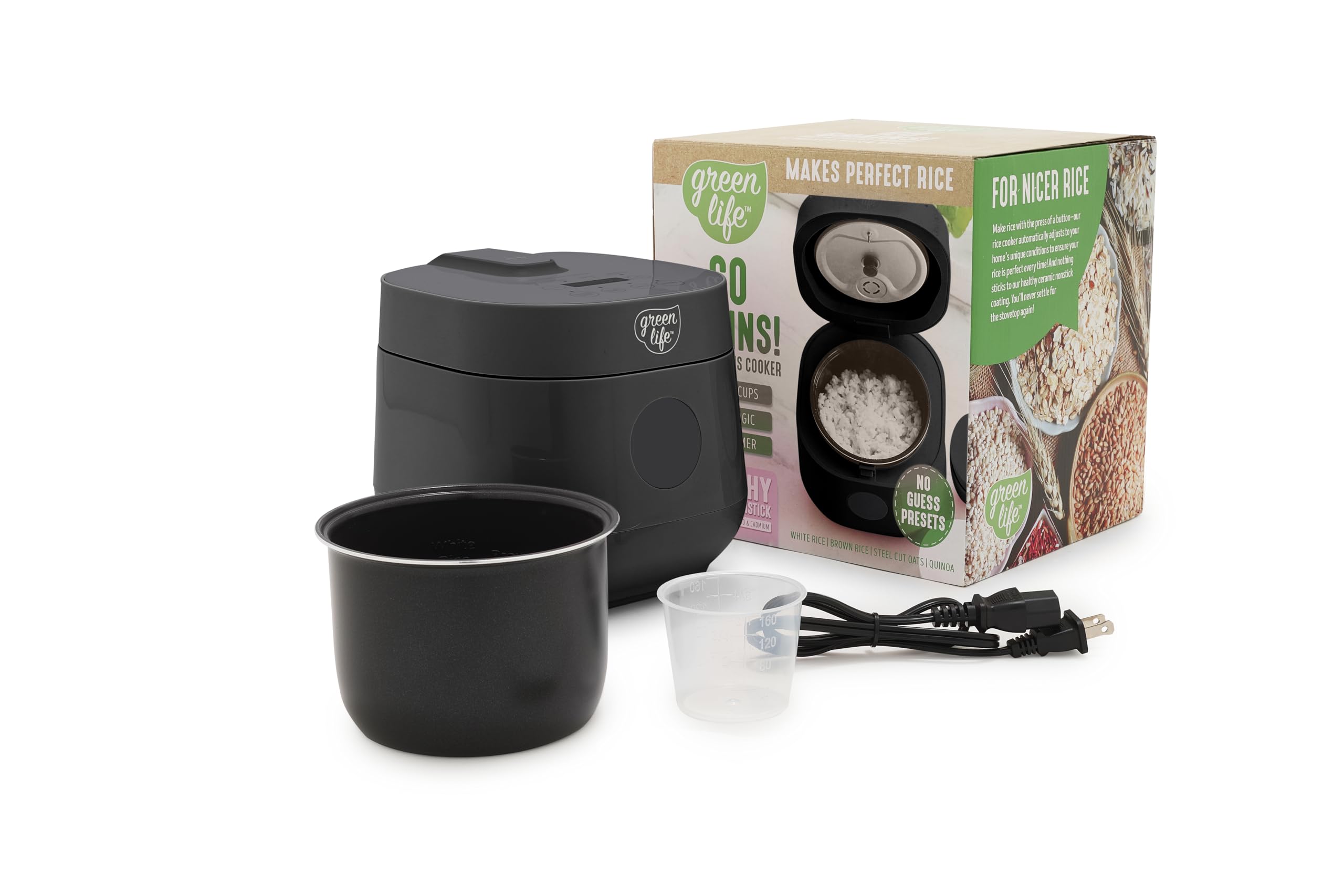 GreenLife 4-Cup Digital Rice Cooker, Nonstick Ceramic, Black, Model CC007882-001, One-Touch Presets, Auto Keep Warm, PFAS-Free