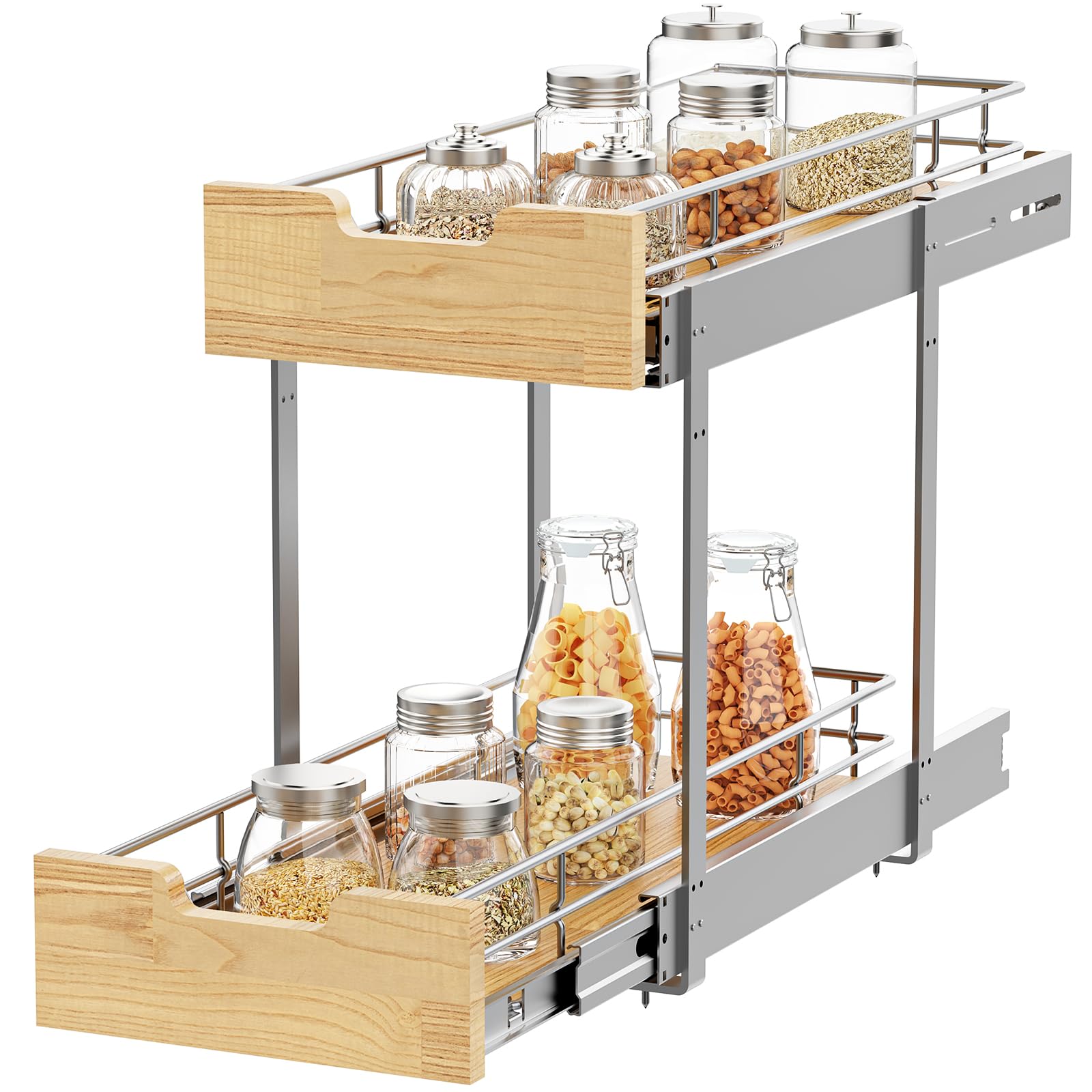 Sikarou Pull Out Cabinet Organizer,HeavyDuty Slide Out Shelf, Wood and Wire Basket, Pull Out Drawer for for Kitchen Under Sink 