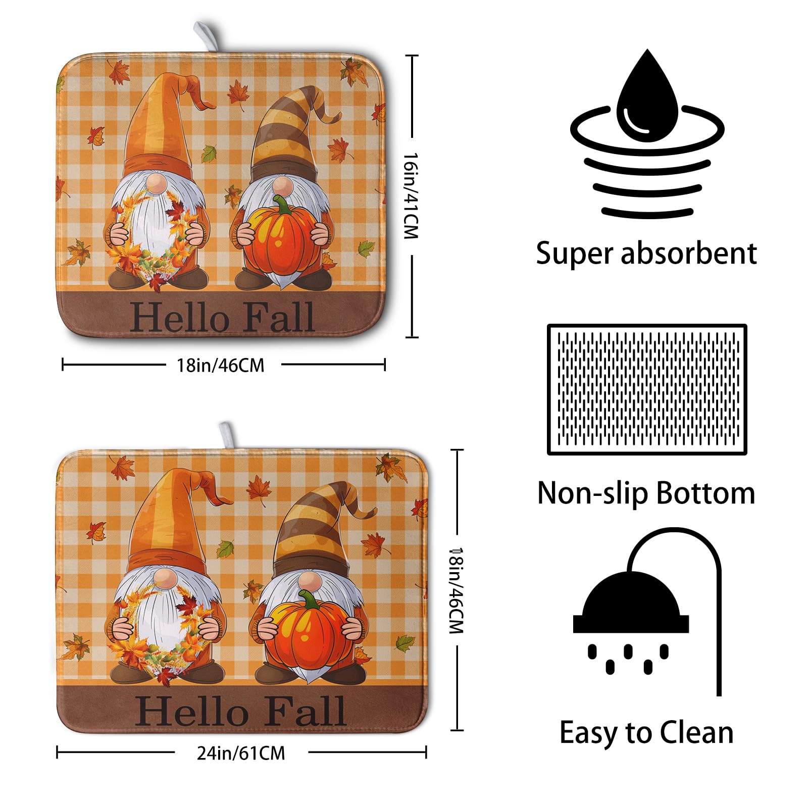 Hello Fall Autumn Gnomes Dish Drying Mat 16x18 Thanksgiving Pumpkin Maple Leaves Harvest Kitchen Drying Mat Orange White Buffalo