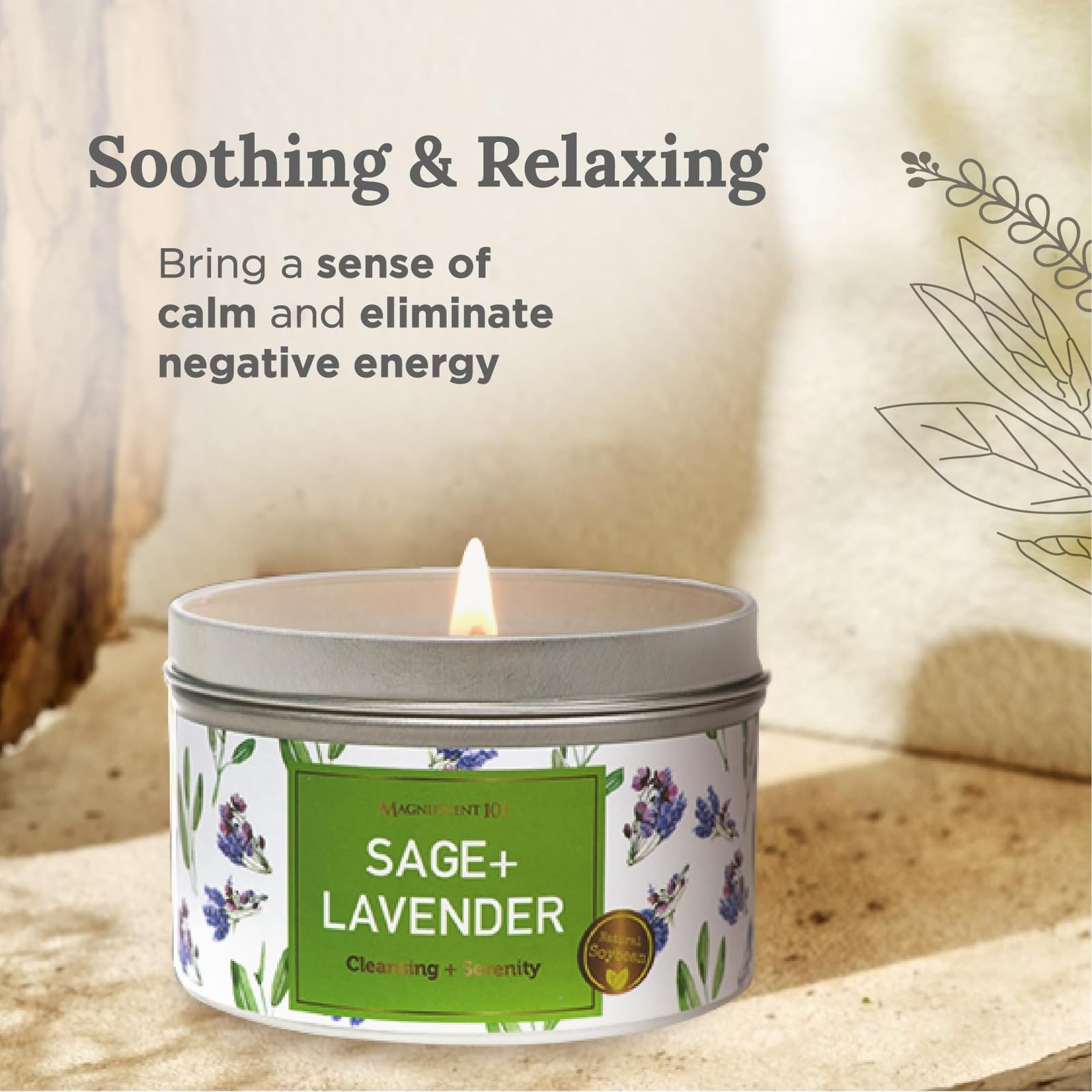 MAGNIFICENT 101 Sage & Lavender Aromatherapy Smudge Candle - 6 Oz - 35-Hour Burn Soy Wax - Energy Cleansing & Manifestation - Sp